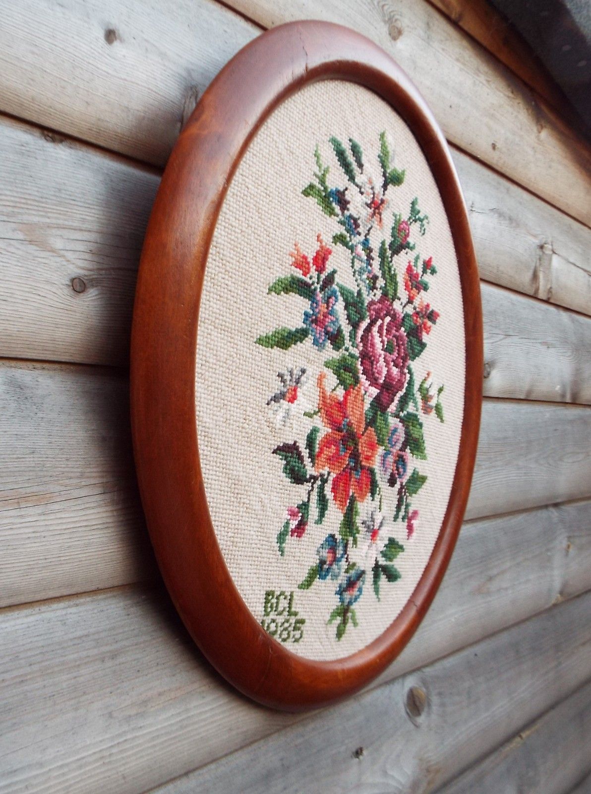 Vintage  Wool Tapestry  Needlepoint Picture Floral Dark Red Rose Framed Large photo for sale