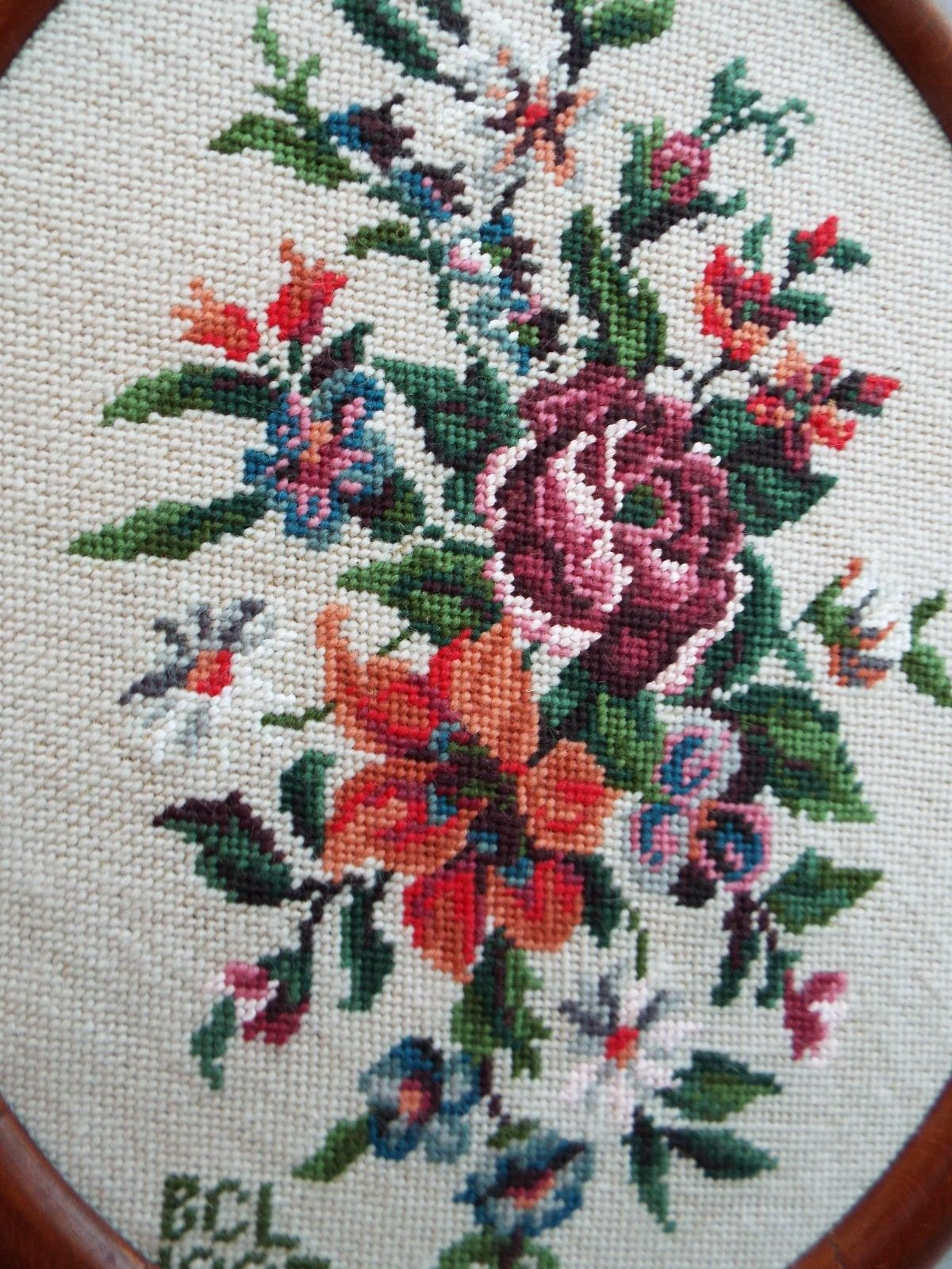 Vintage  Wool Tapestry  Needlepoint Picture Floral Dark Red Rose Framed Large photo buy