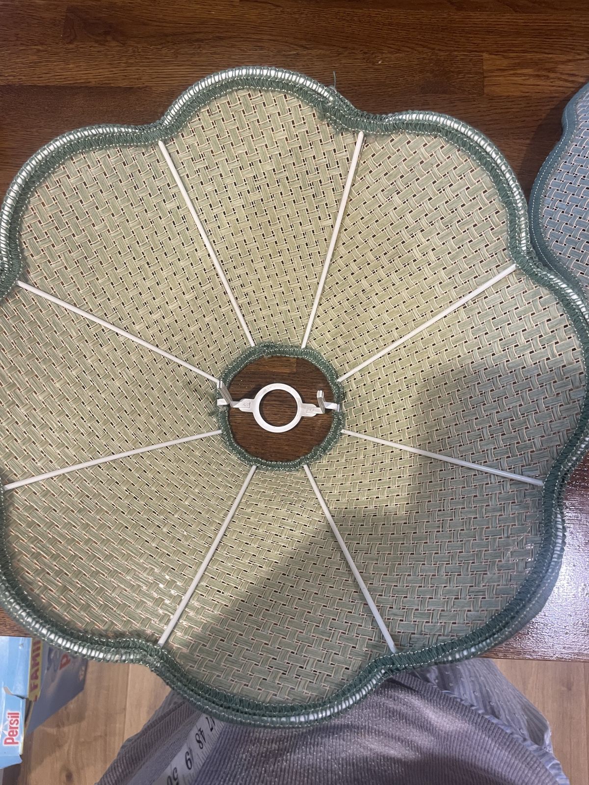 Retro Lamp Shades X 2 Wicker Coolie Hat Shape Green Trim Scalloped Edge photo furniture
