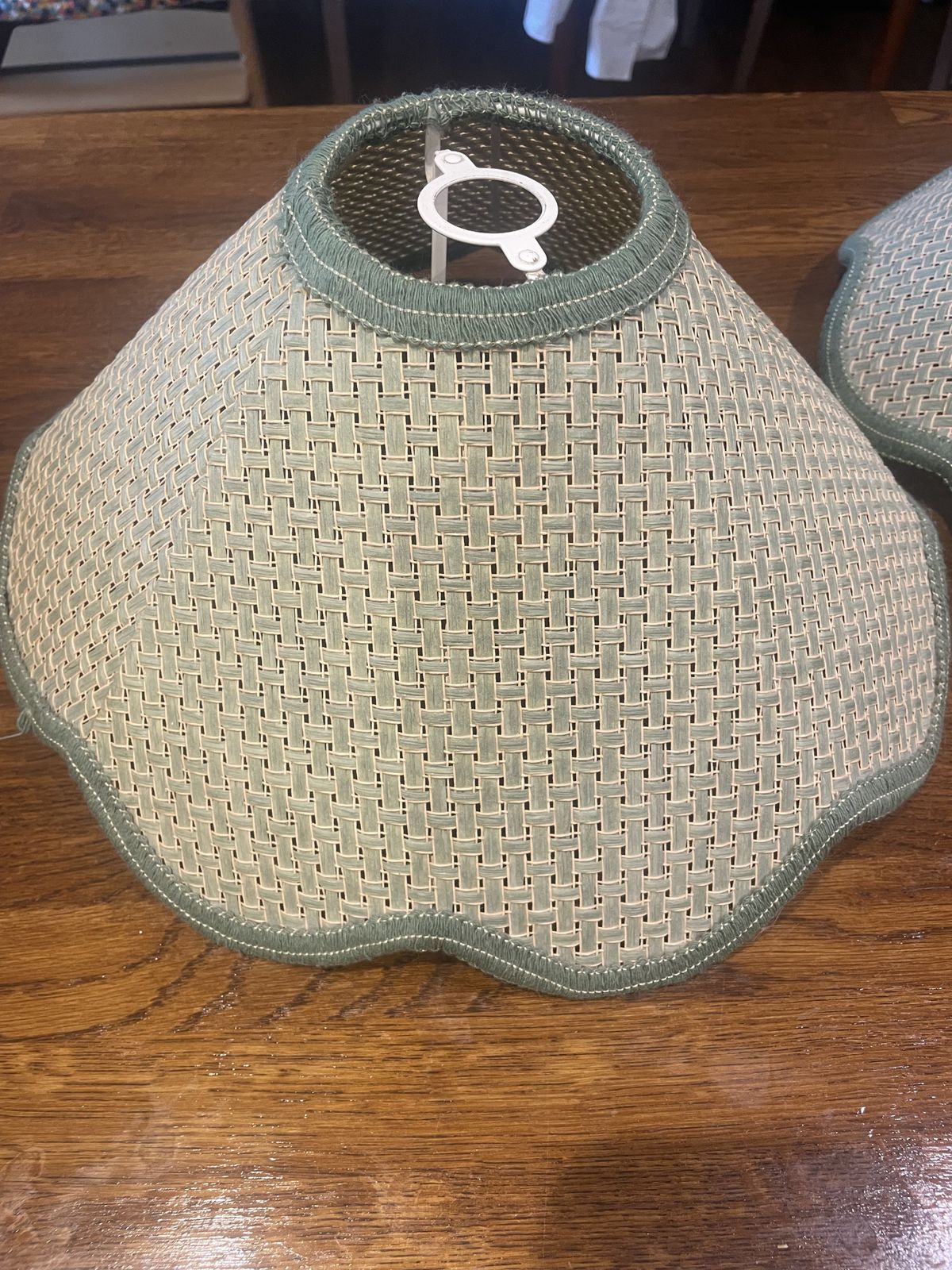 Retro Lamp Shades X 2 Wicker Coolie Hat Shape Green Trim Scalloped Edge photo 100.0