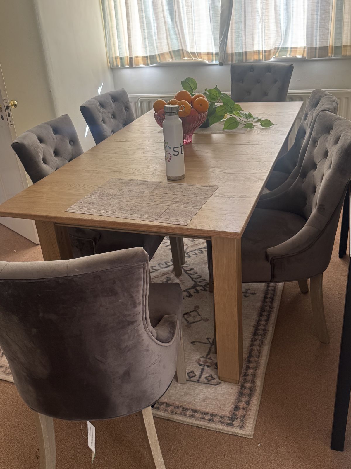 Richmond Smoked Oak Finish 5ft 9 Extending Dining Table + 6 Isobel Button Back Chair In Storm Grey Velvet With Weathered Oak Legs