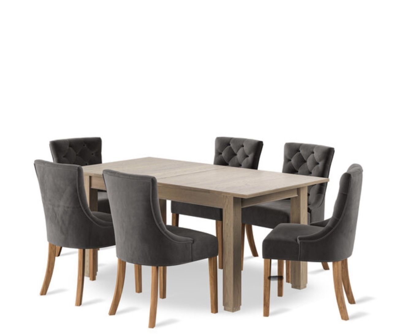 Richmond Smoked Oak Finish 5ft 9 Extending Dining Table + 6 Isobel Button Back Chair In Storm Grey Velvet With Weathered Oak Legs photo for sale