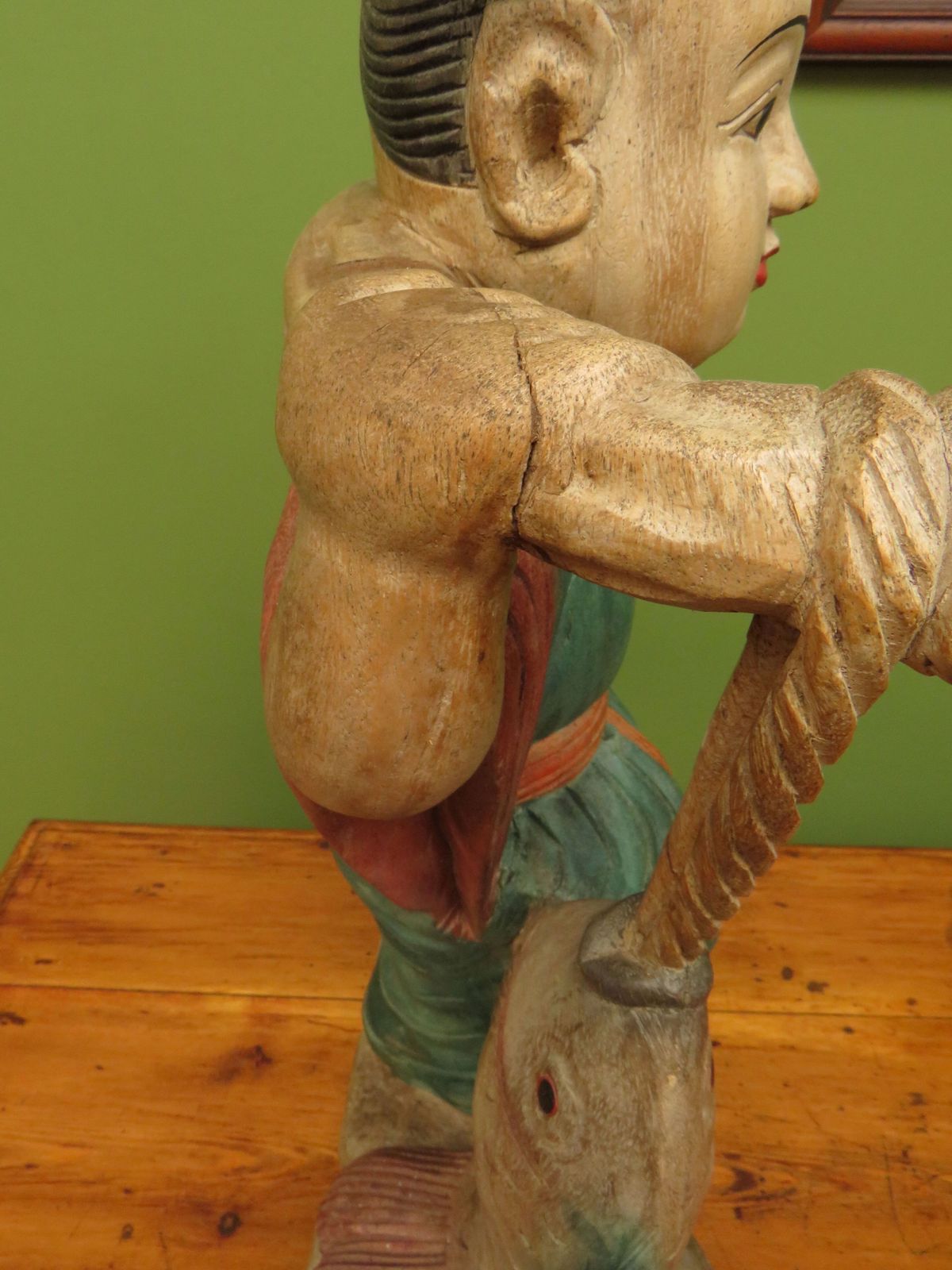 Vintage Asian Wooden Figure Carrying Fish photo buy