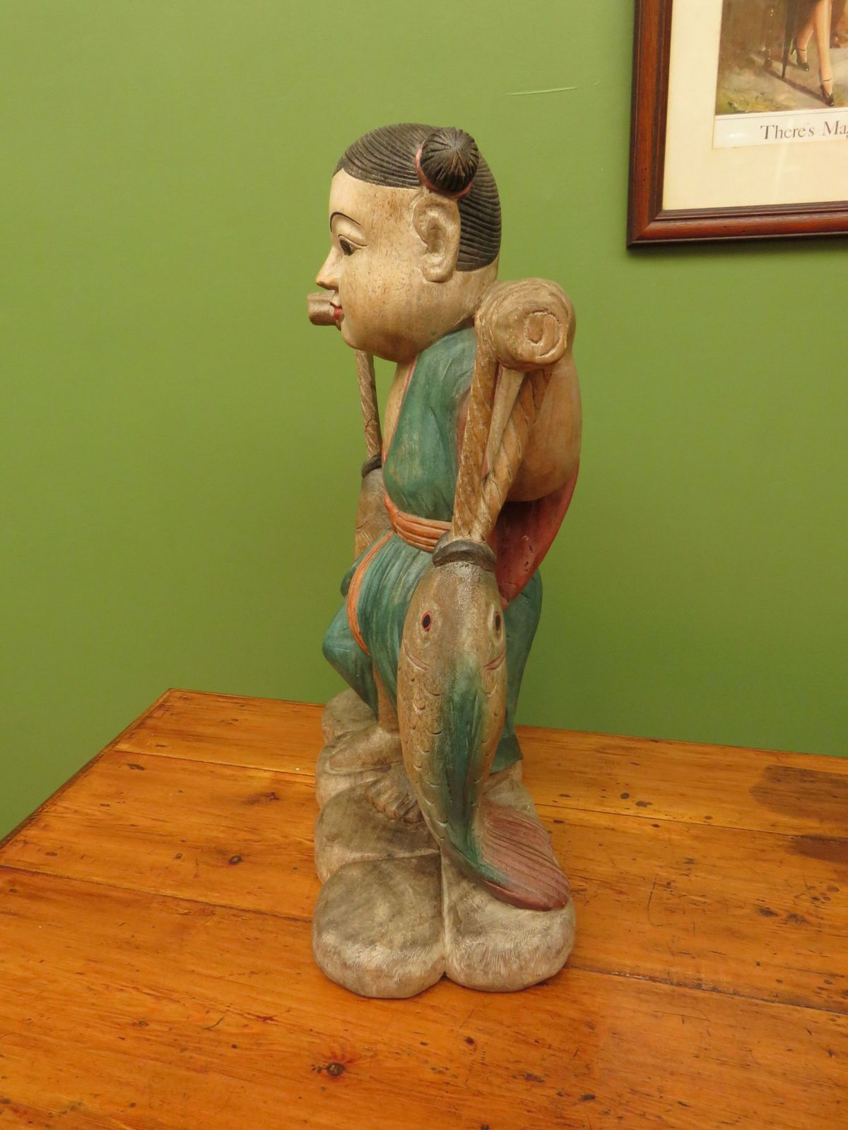 Vintage Asian Wooden Figure Carrying Fish photo vintage