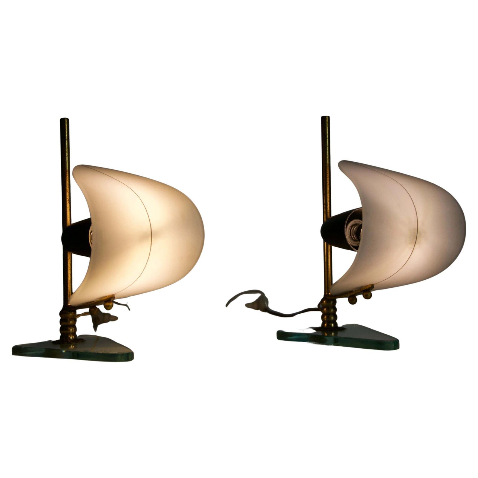 Pair Of Brass And Opaline "Sailboat" Table Lamps, Italy, 1950s