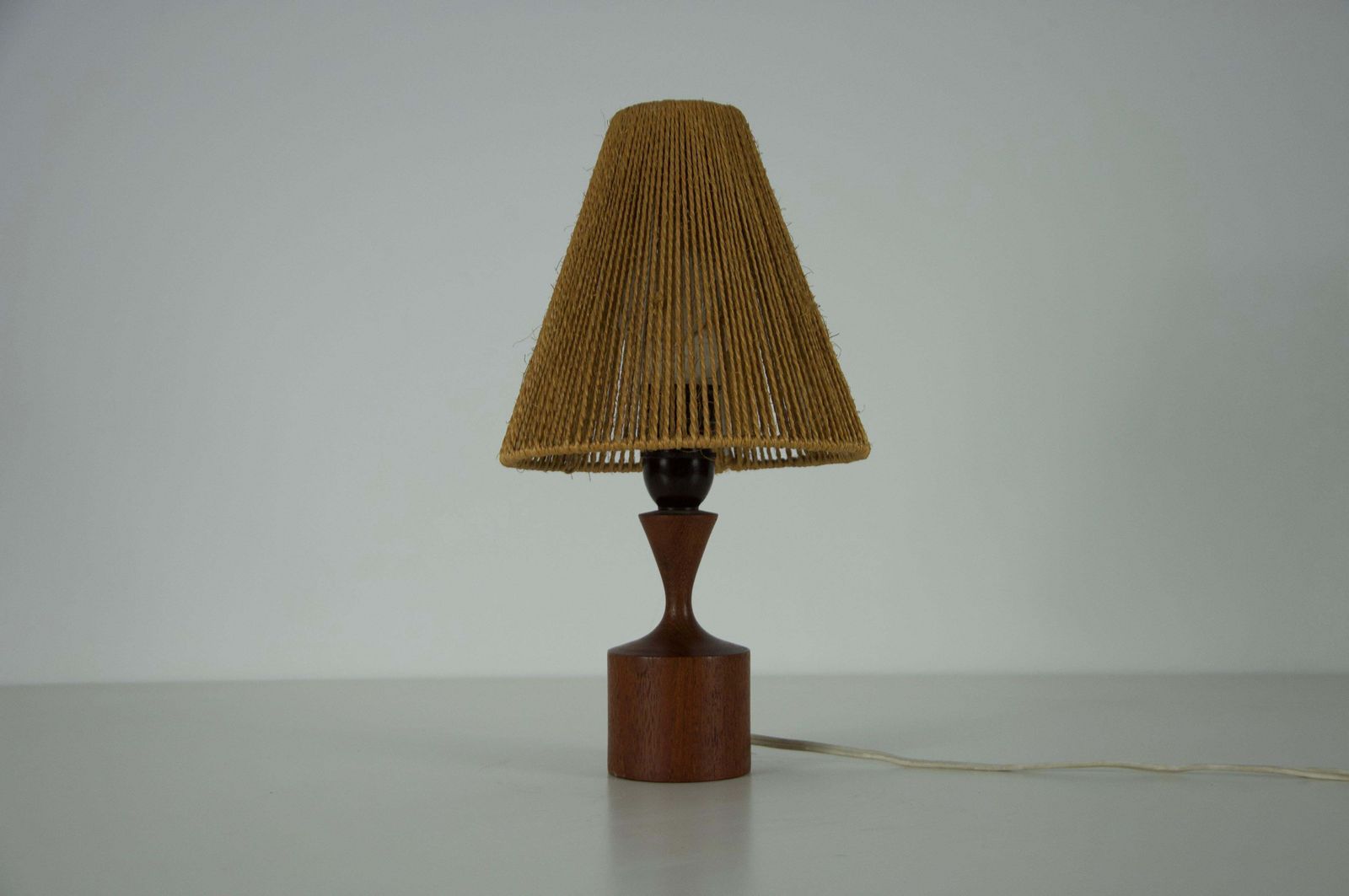 Midcentury Teak And Sisal Table Lamp By Temde, Circa 1970 photo for sale