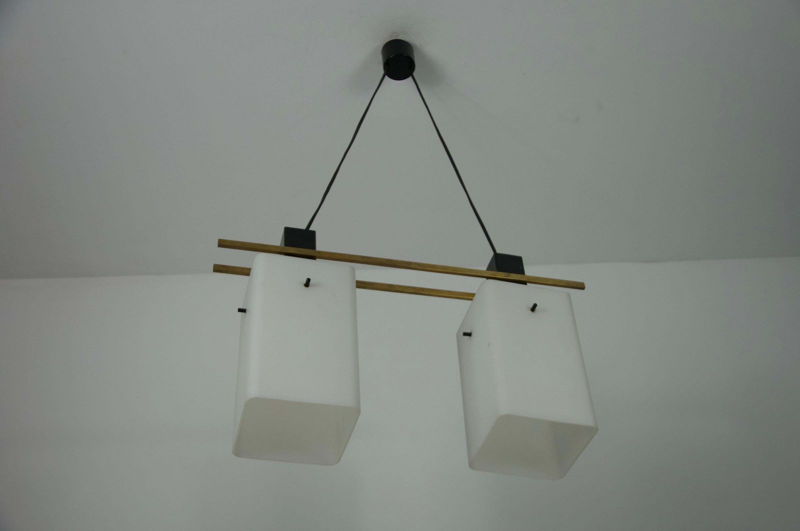 Mid Century Brass And Opal Glass Ceiling Lamp By Stilnovo, Italy, 1960s photo vinterior