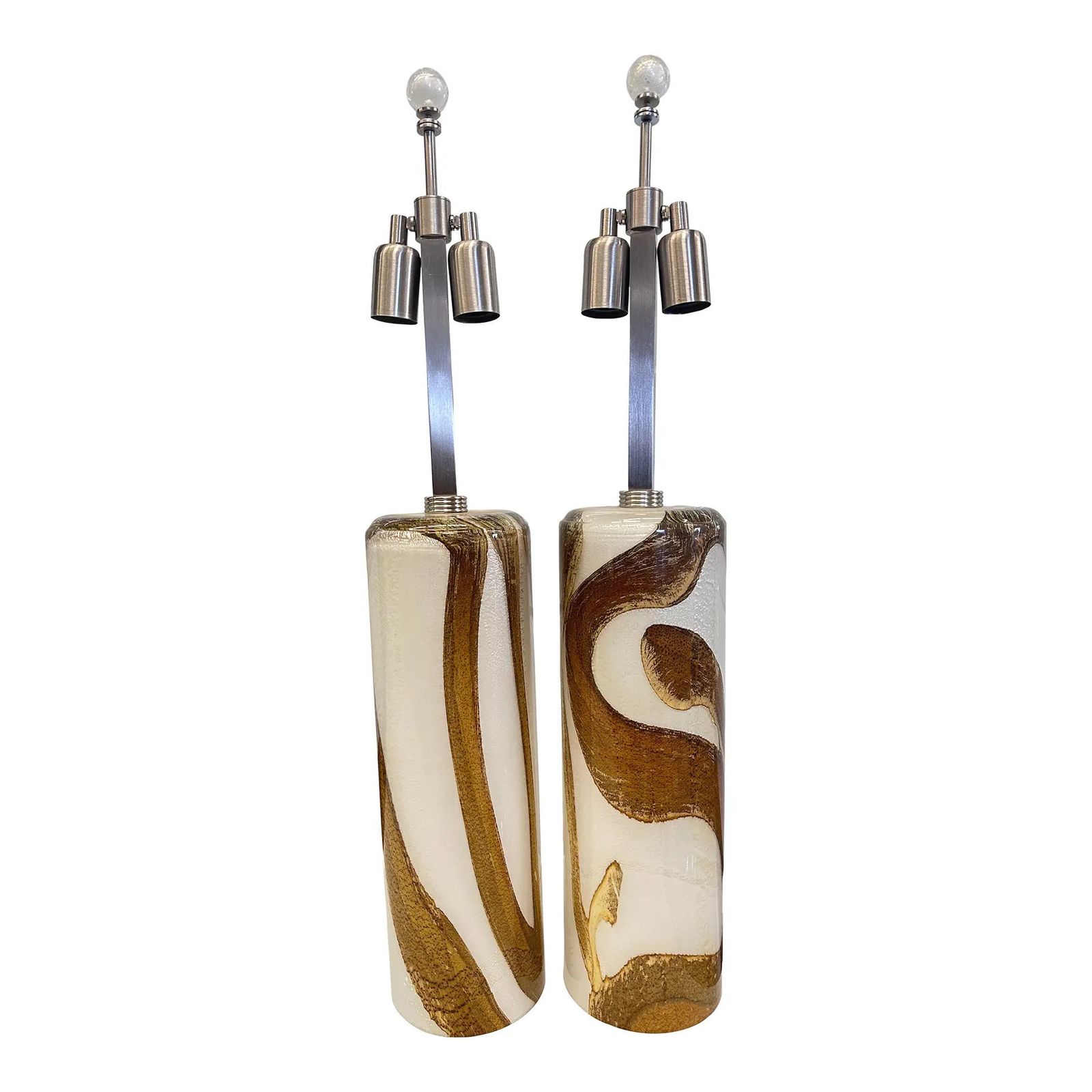 Set Of Two Milky White, Gold And Amber Murano Glass Table Lamps