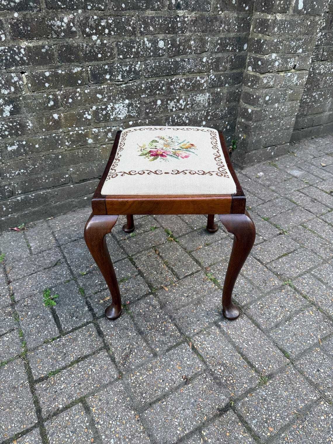 Antique Style Needlepoint Footstool With Cabriole Legs  Vintage 1930s–1950s Wooden Stool With Hand Worked Floral Tapestry Seat photo 149.0