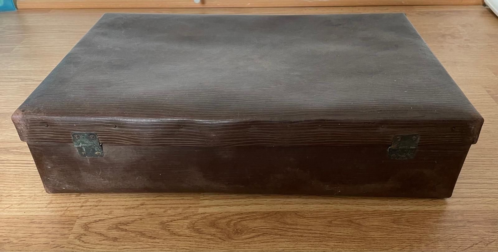 Vintage 1950s Brown Suitcase With Locks And Newspaper Lining photo vinterior