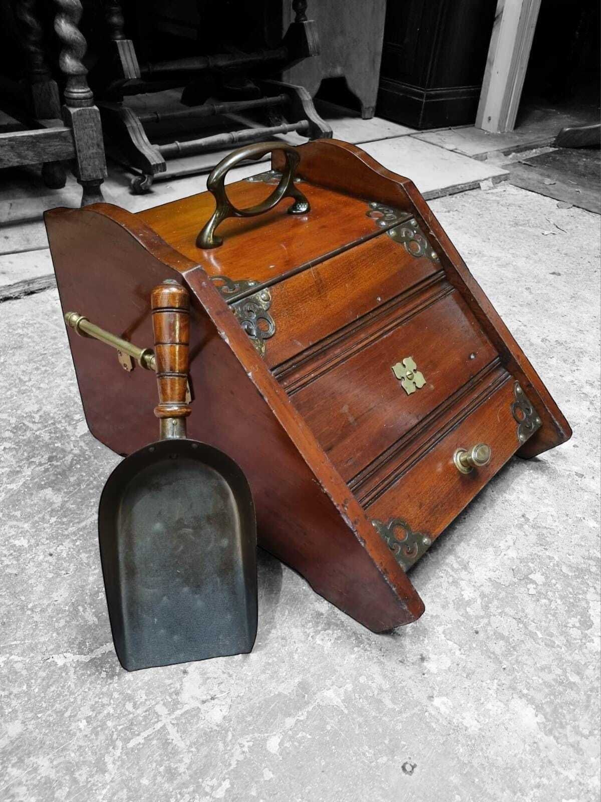Antique Victorian Wooden Coal Scuttle / Original Liner And Shovel / C.1880 / Free Delivery