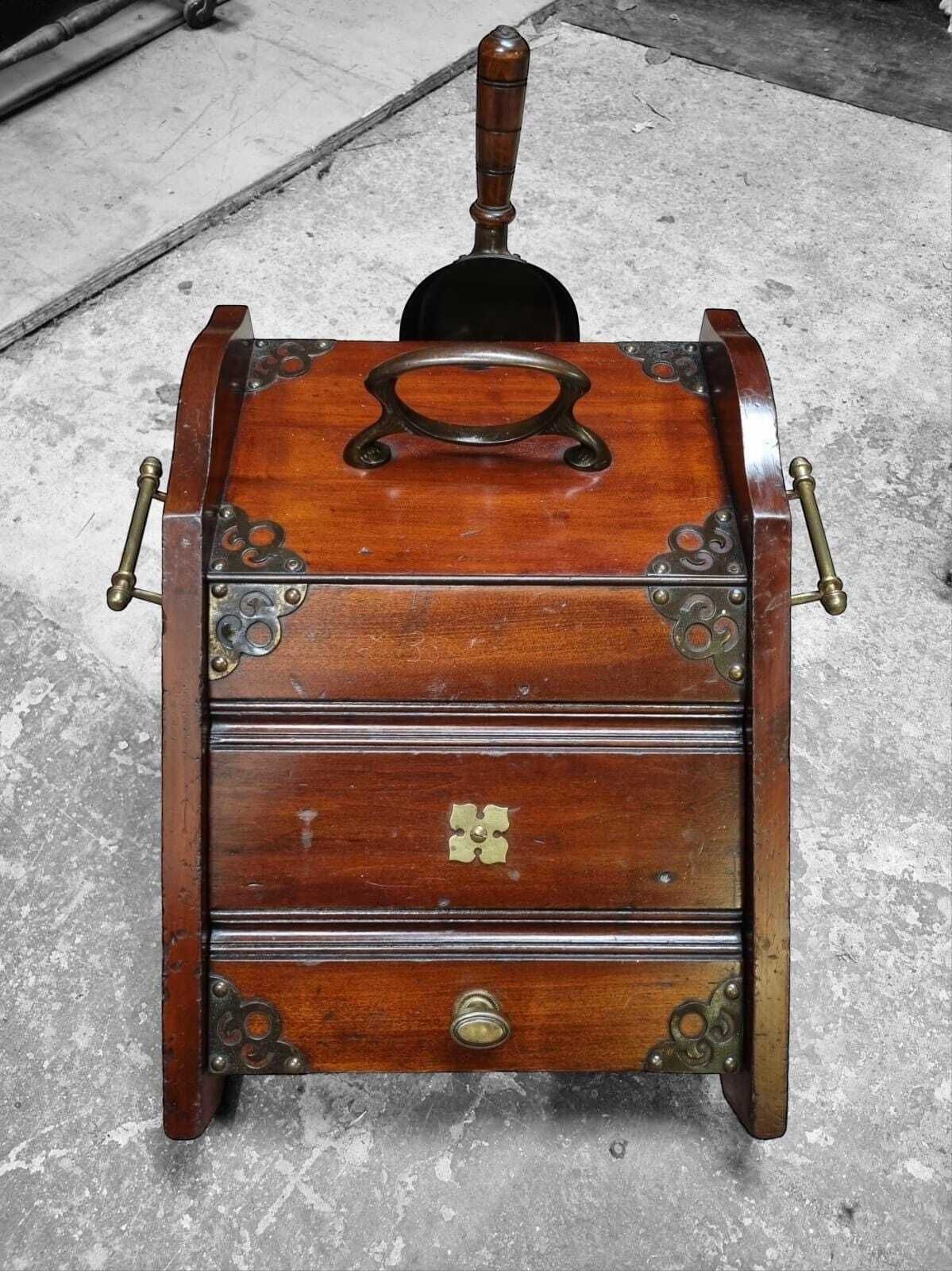 Antique Victorian Wooden Coal Scuttle / Original Liner And Shovel / C.1880 / Free Delivery photo furniture