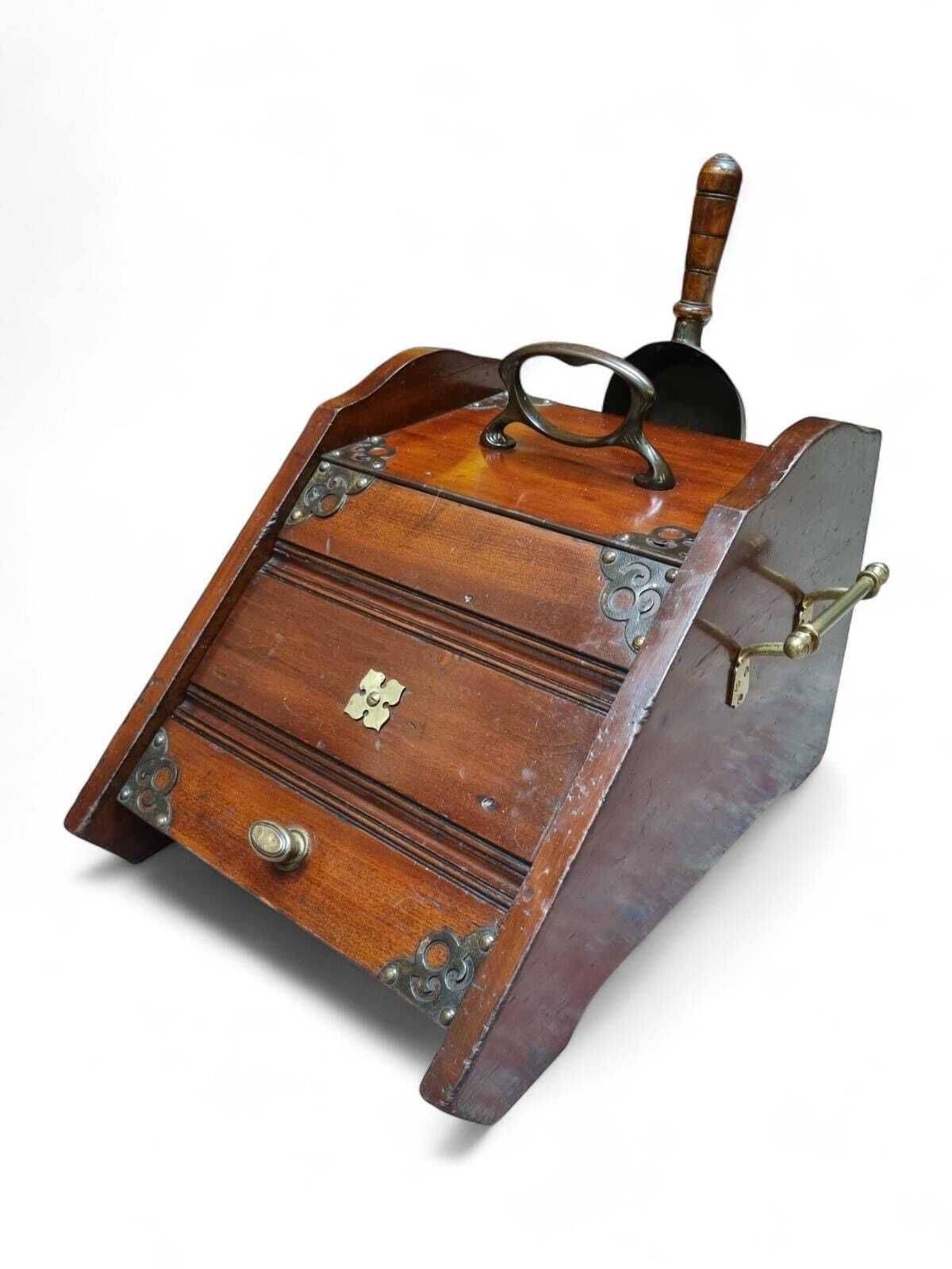 Antique Victorian Wooden Coal Scuttle / Original Liner And Shovel / C.1880 / Free Delivery photo for sale