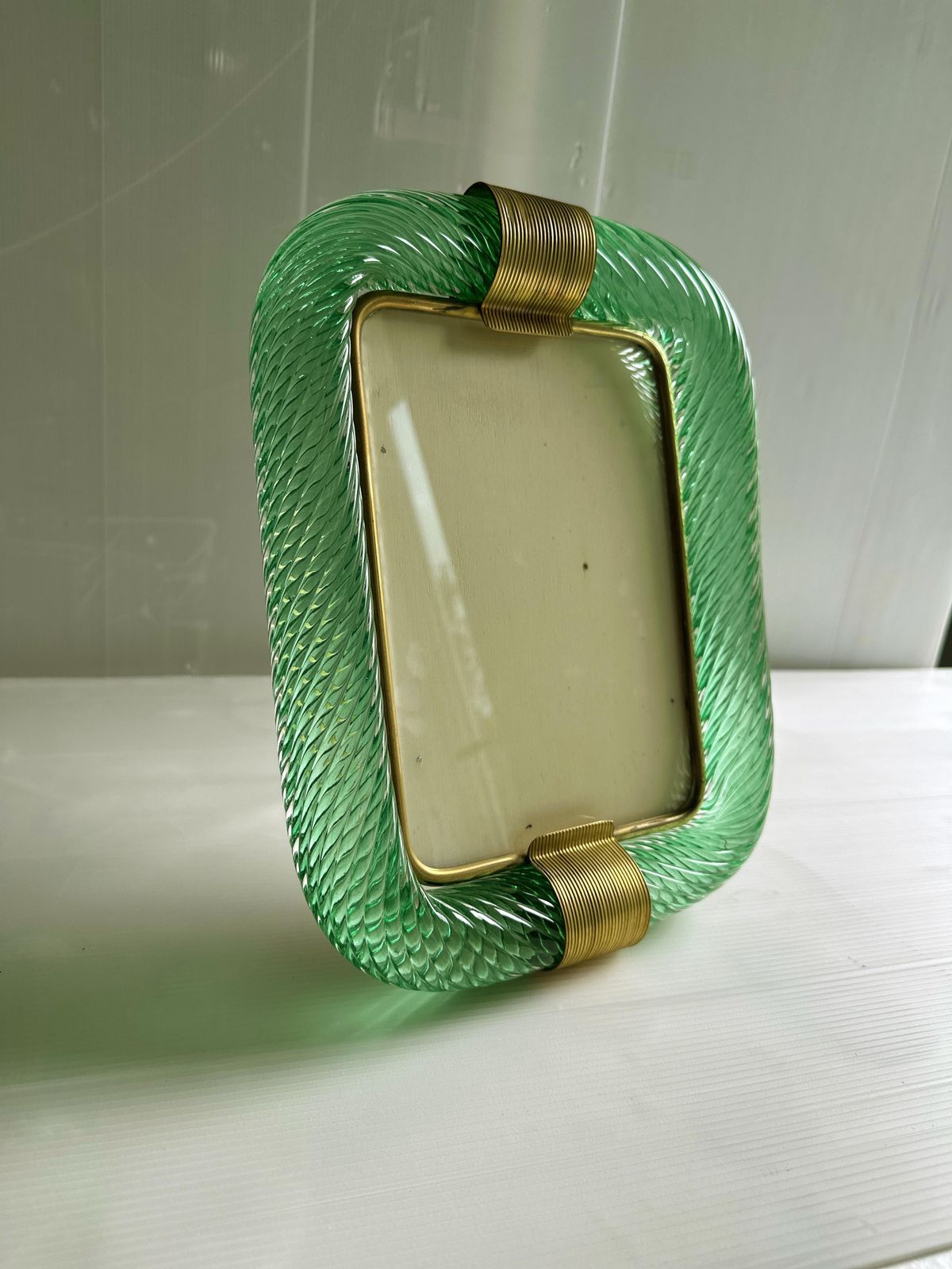 photo furniture Mid Century Modern Style Green "Torchon" Murano Glass Picture Frame And Brass In Barovier Style