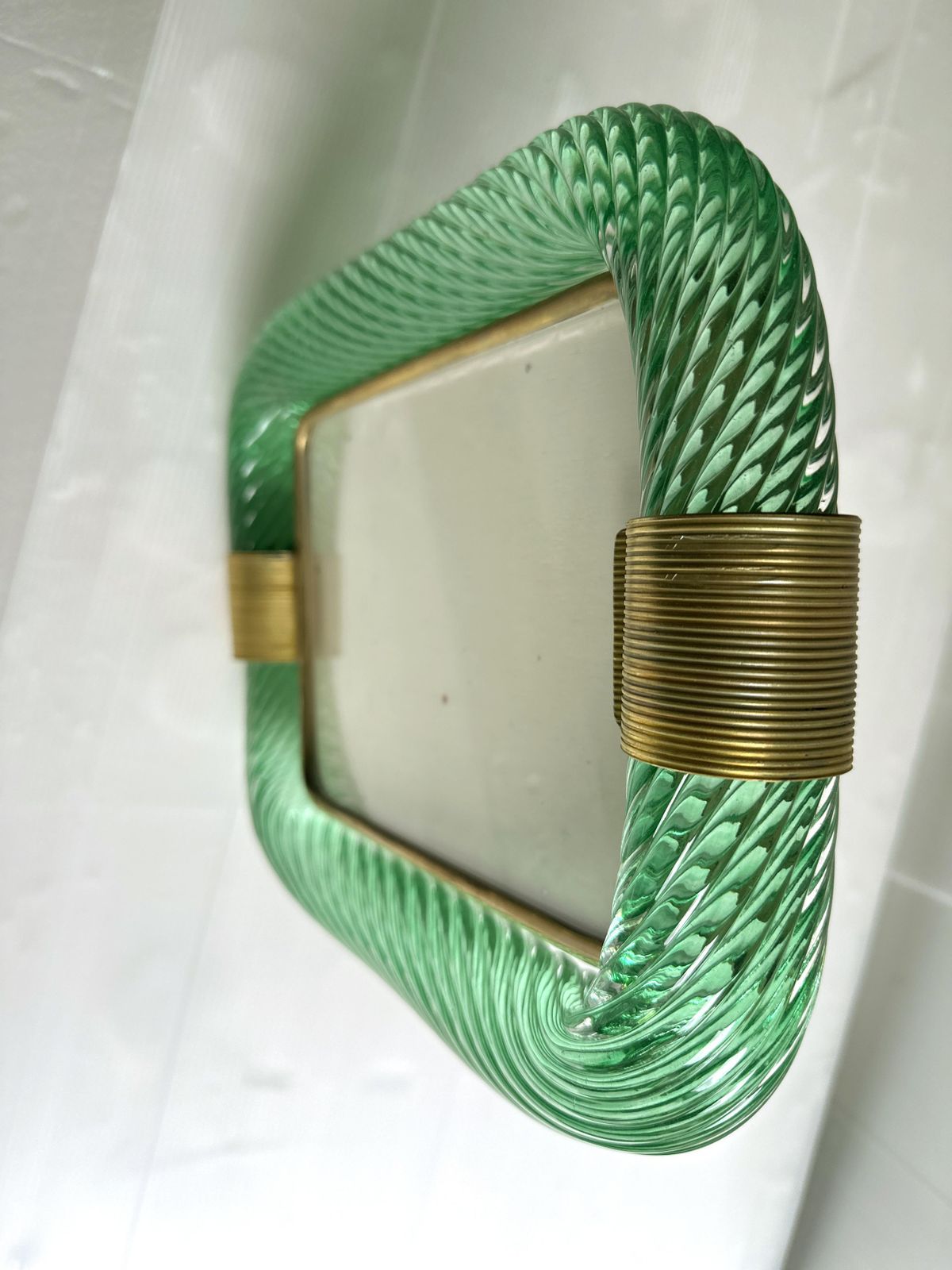 Home Decor Mid Century Modern Style Green "Torchon" Murano Glass Picture Frame And Brass In Barovier Style photo