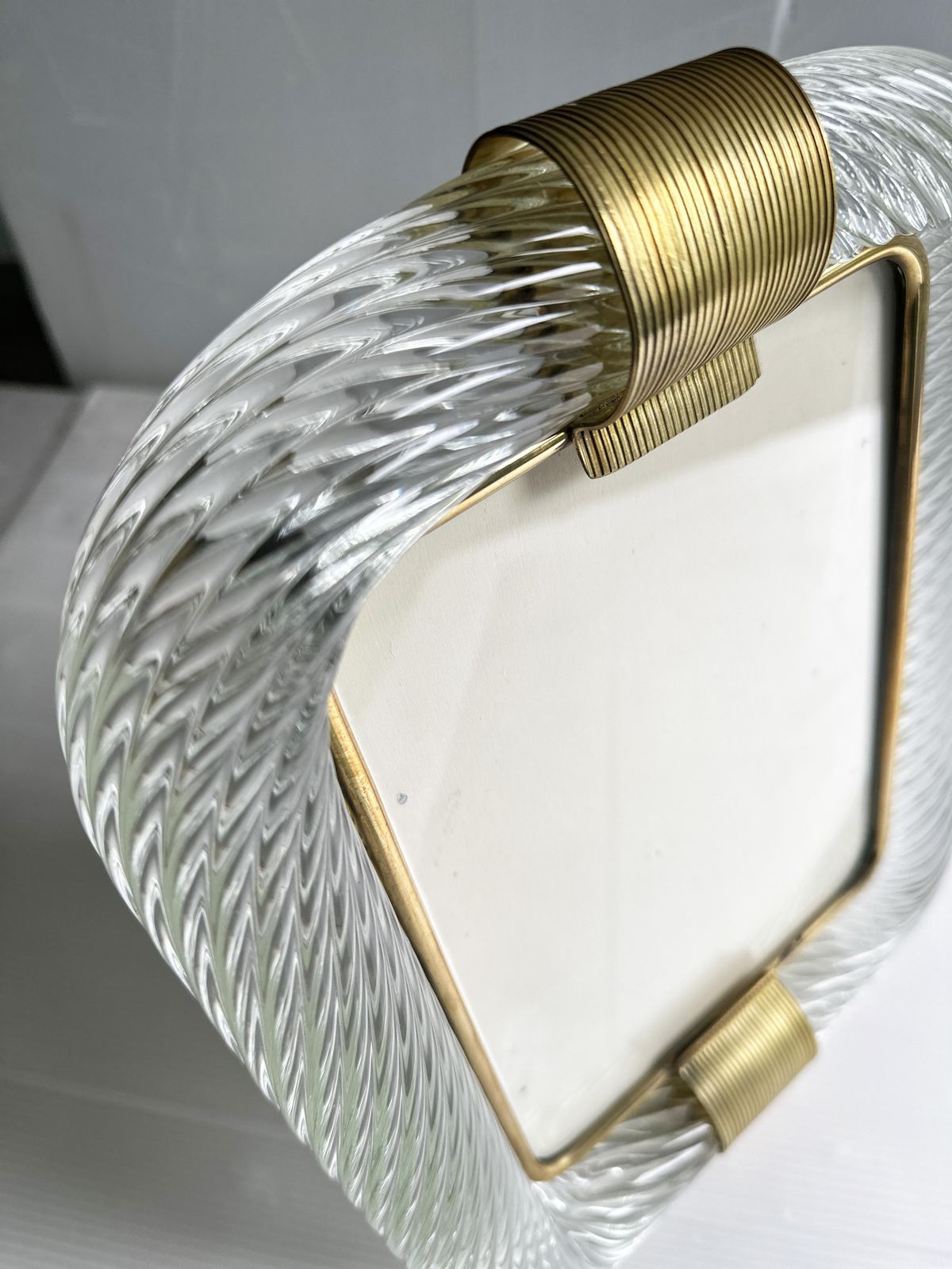 photo for sale Mid Century Modern Style "Torchon" Murano Glass Picture Frame And Unaquered Brass In Barovier Style