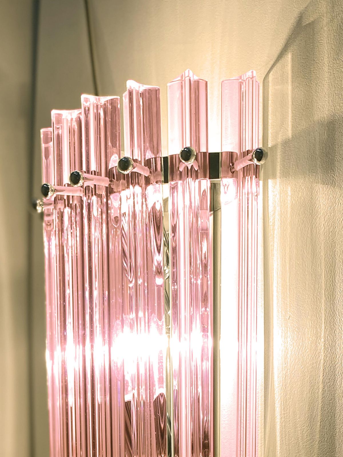 photo for sale Set Of Two Scenographic Pink Triedro Murano Glass Wall Sconces