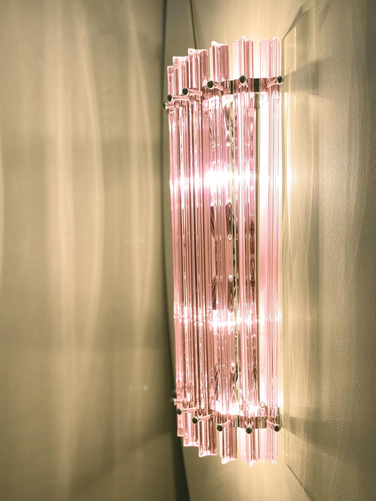 Lighting Set Of Two Scenographic Pink Triedro Murano Glass Wall Sconces photo