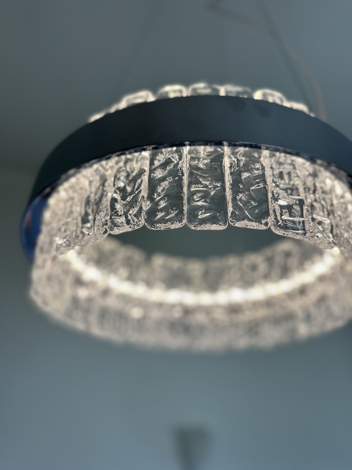 Murano Glass "Ice" Chandelier Hammered Clear Glass In Polish Kromo Ring With Strip Led photo vintage