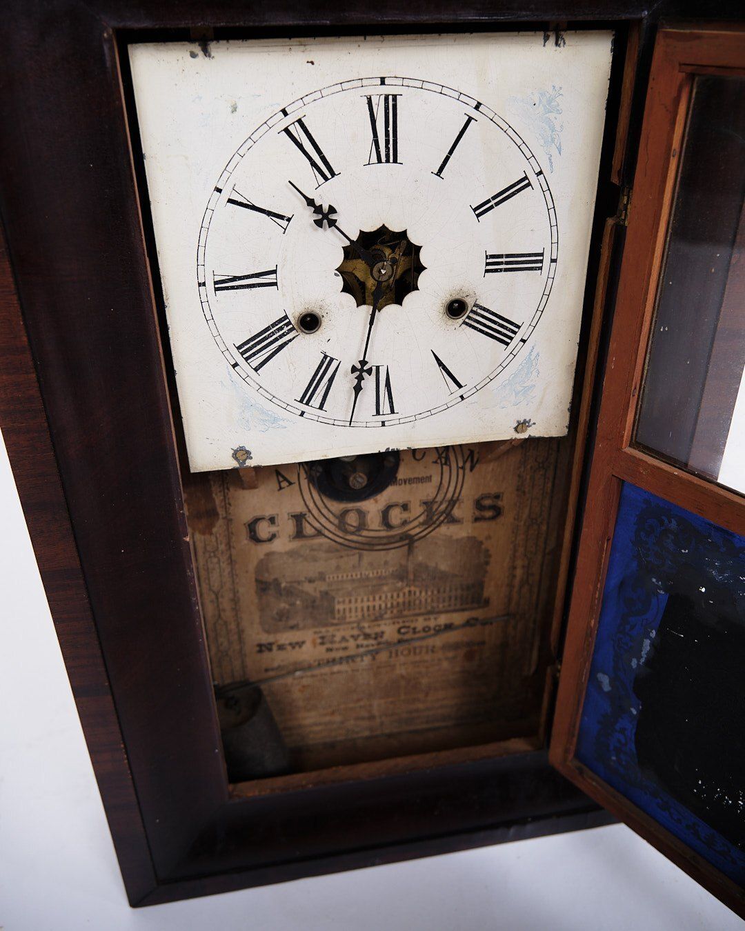 Antique American Clock   Painted Glass Window   Dark Wood   Roman Numeral Dial   19th Century photo Home Decor
