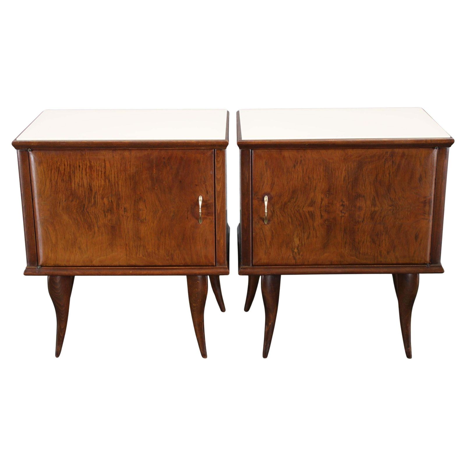 Pair Of Mid Century Italian Walnut Nightstands With Glass Top, 1950s