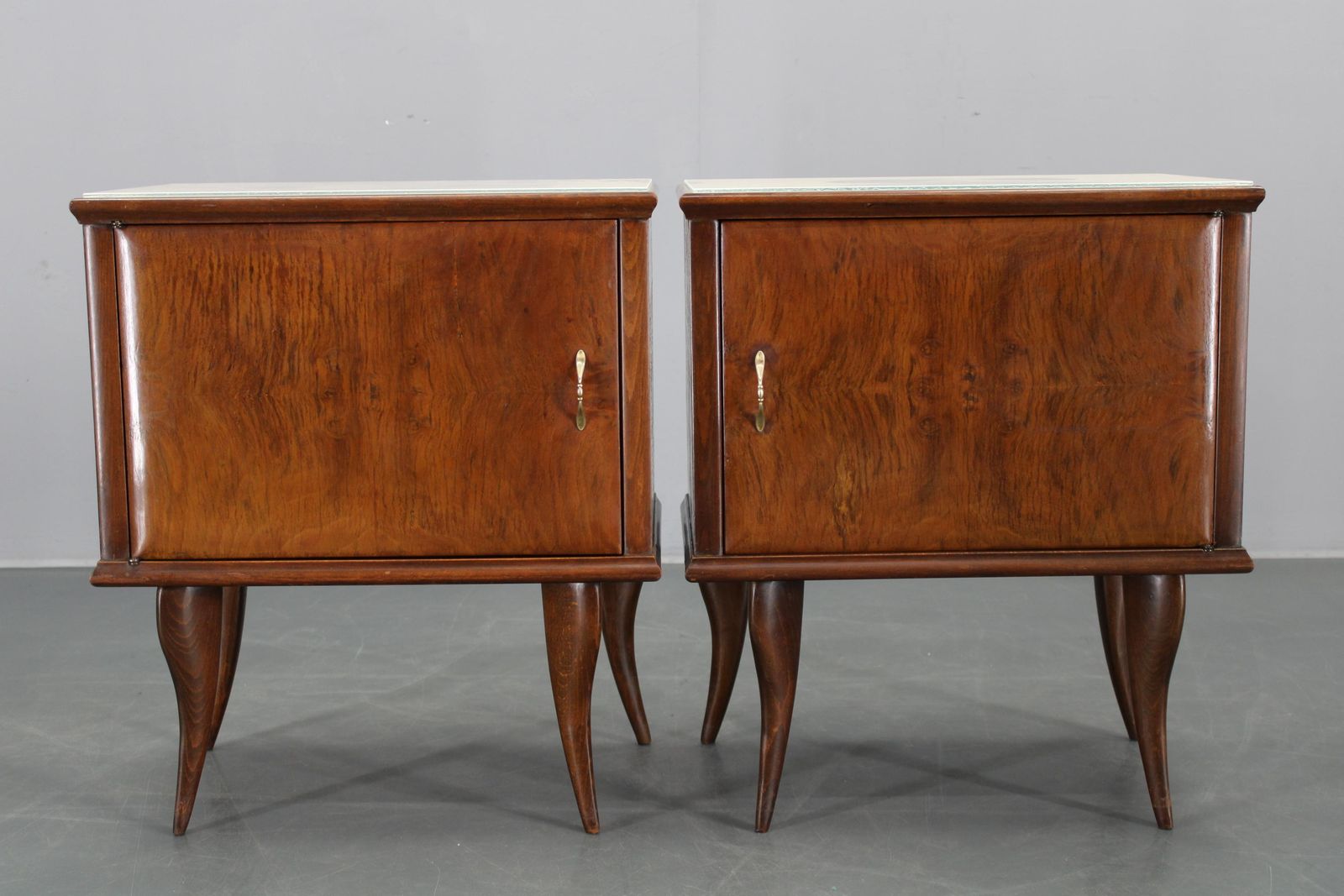 Pair Of Mid Century Italian Walnut Nightstands With Glass Top, 1950s photo for sale