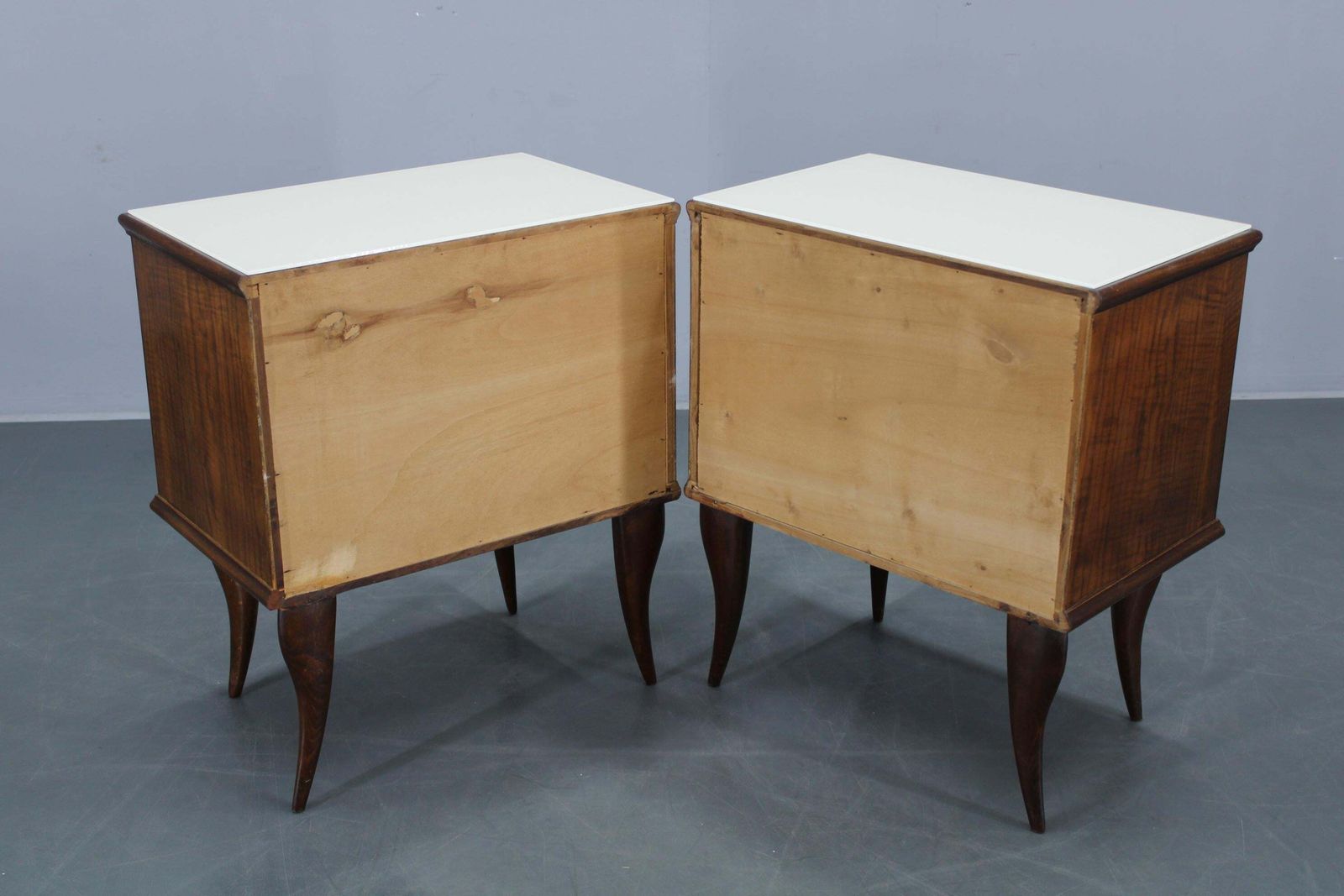 photo furniture Pair Of Mid Century Italian Walnut Nightstands With Glass Top, 1950s