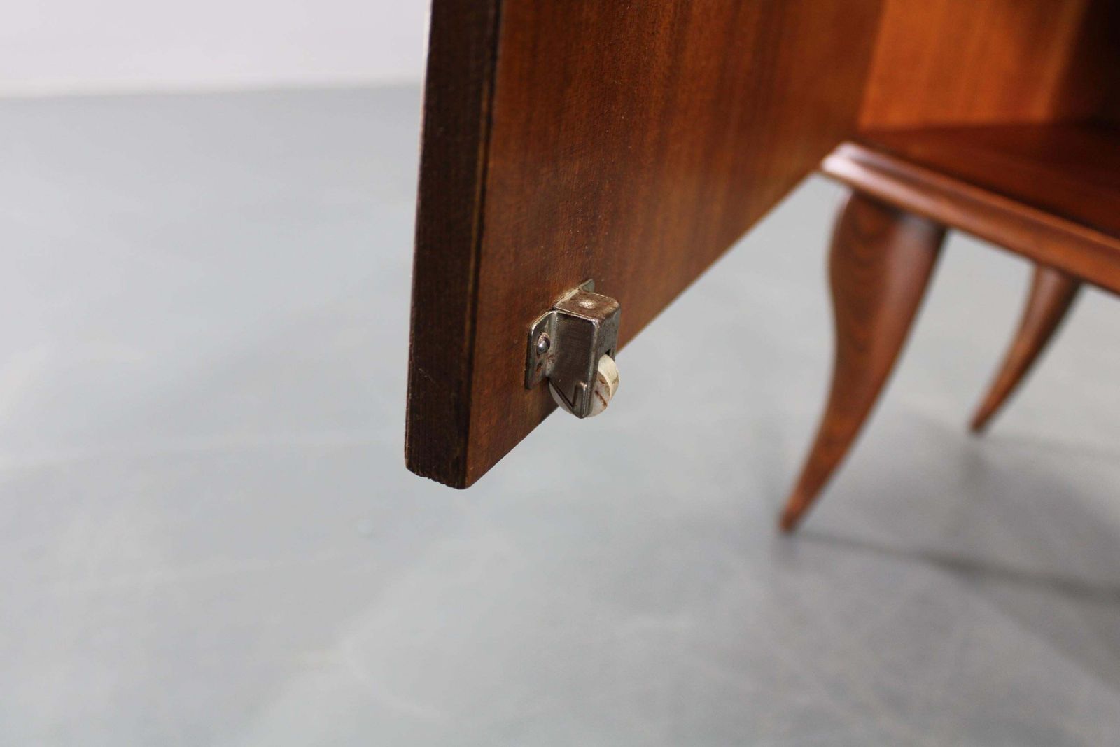 photo buy Pair Of Mid Century Italian Walnut Nightstands With Glass Top, 1950s