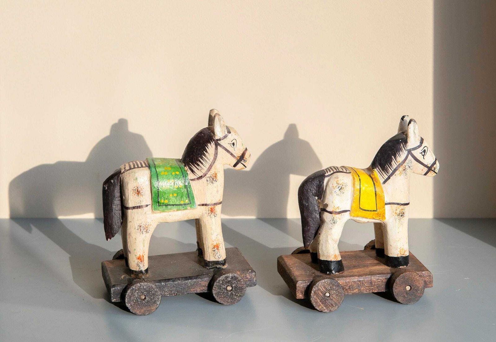 Indian Wooden Horses, Folk Art Horse Statues On Wheels, Set Of 2 Decorative Pony Figurines, Bohemian Home Decor photo for sale