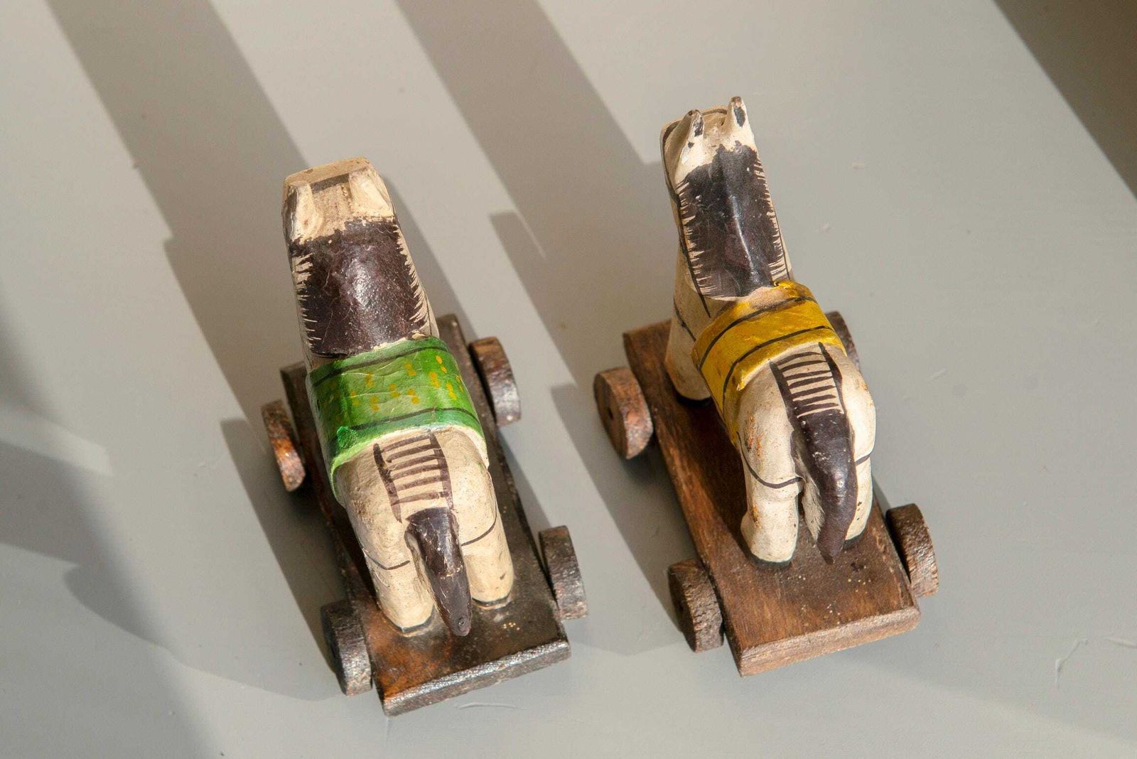 Indian Wooden Horses, Folk Art Horse Statues On Wheels, Set Of 2 Decorative Pony Figurines, Bohemian Home Decor photo vintage