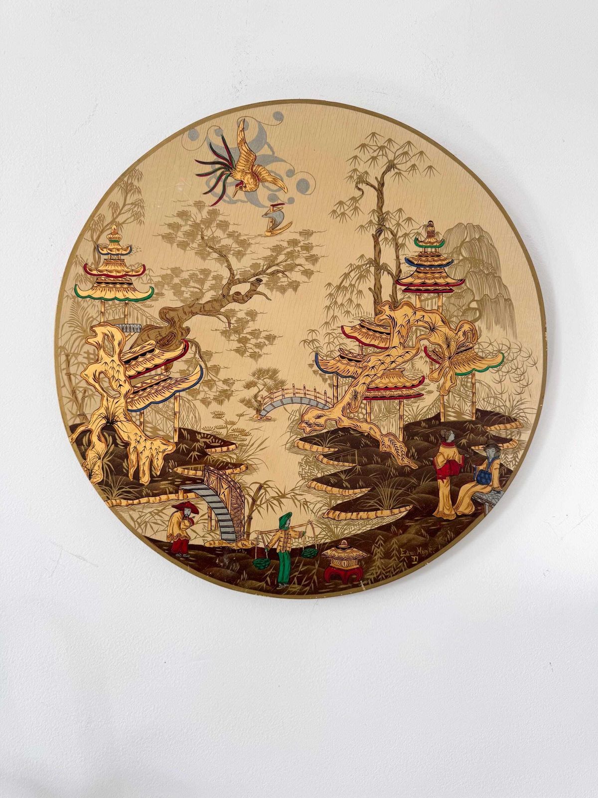 Vintage Hand Painted Lacquered Round Gold Chinoserie Panel