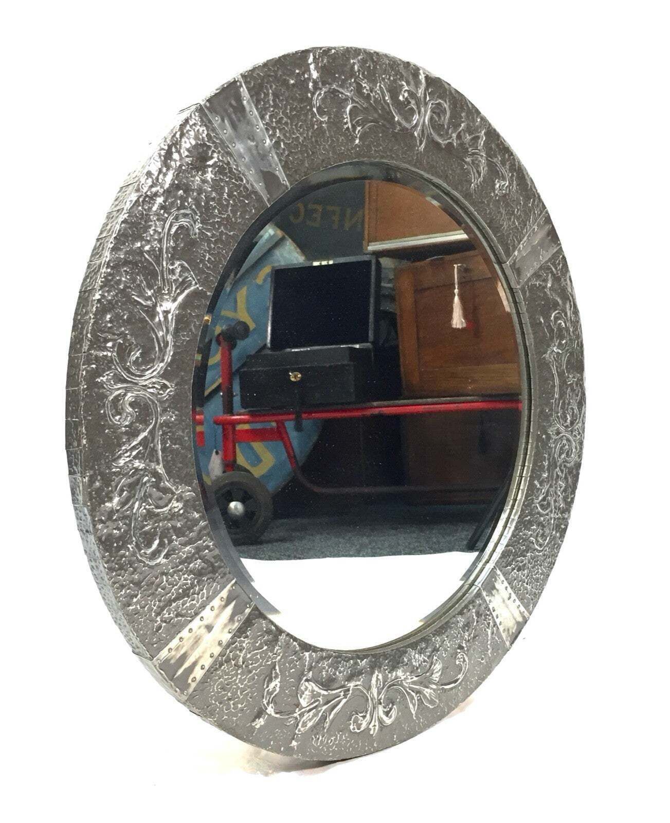 Antique Large Arts And Crafts Pewter Metal Circular Wall Hanging Mirror C.1920 photo furniture