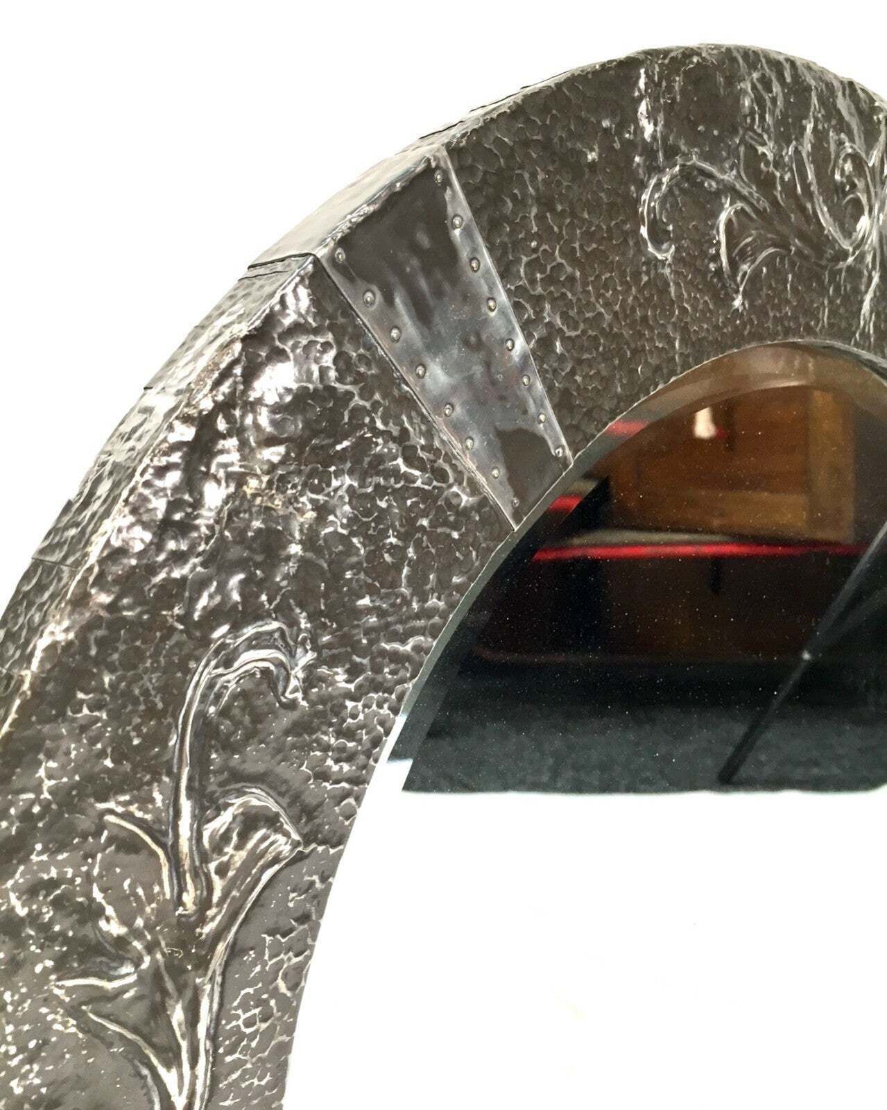 Antique Large Arts And Crafts Pewter Metal Circular Wall Hanging Mirror C.1920 photo for sale
