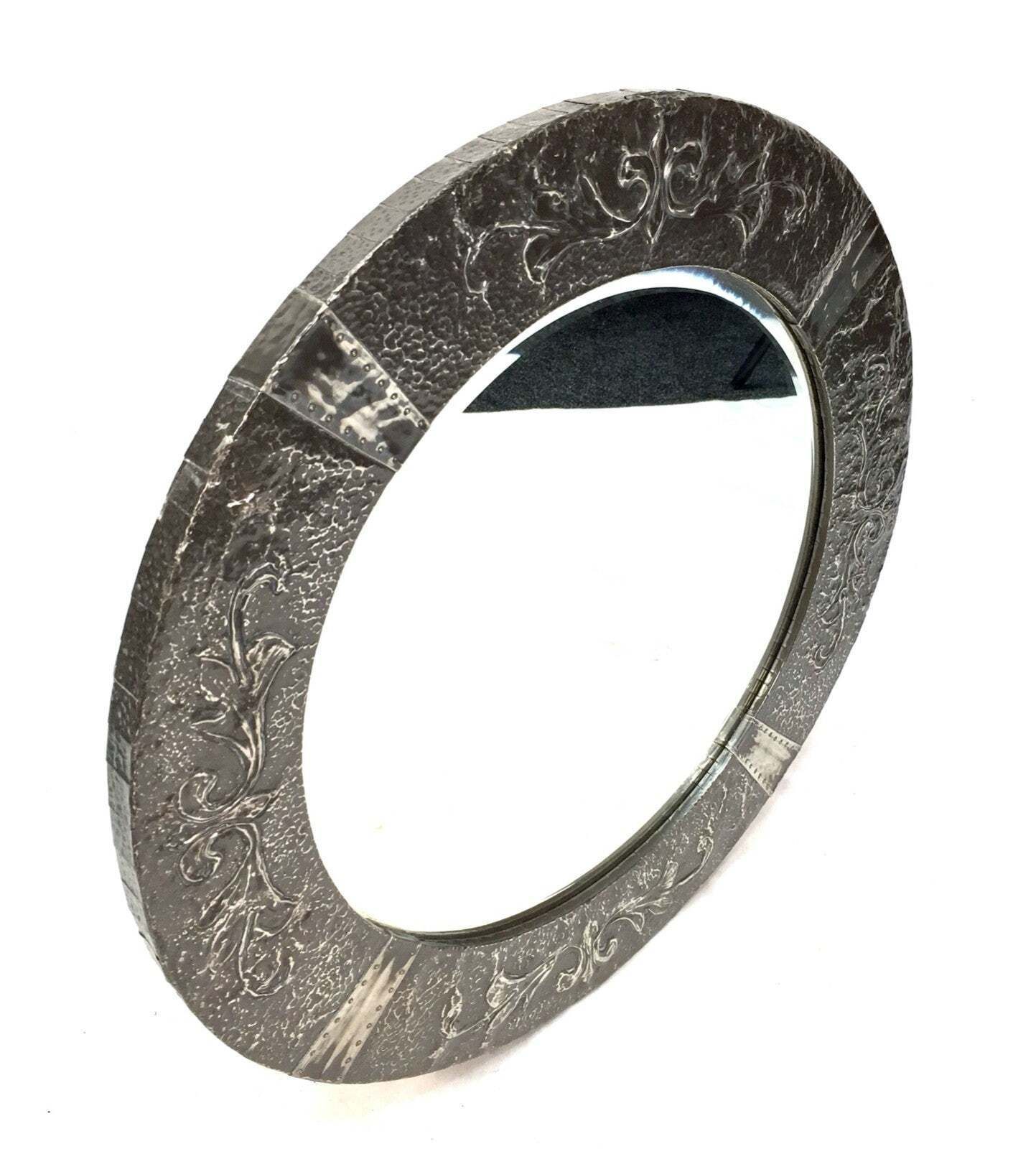 Antique Large Arts And Crafts Pewter Metal Circular Wall Hanging Mirror C.1920 photo 189.0