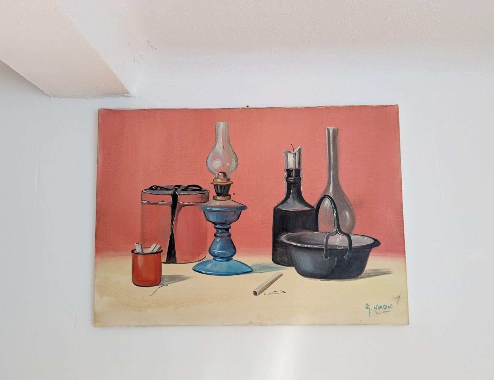 Still Life With Lamp, Oil Painting On Canvas, Italian Painting, Oil Painting Kitchen Scene