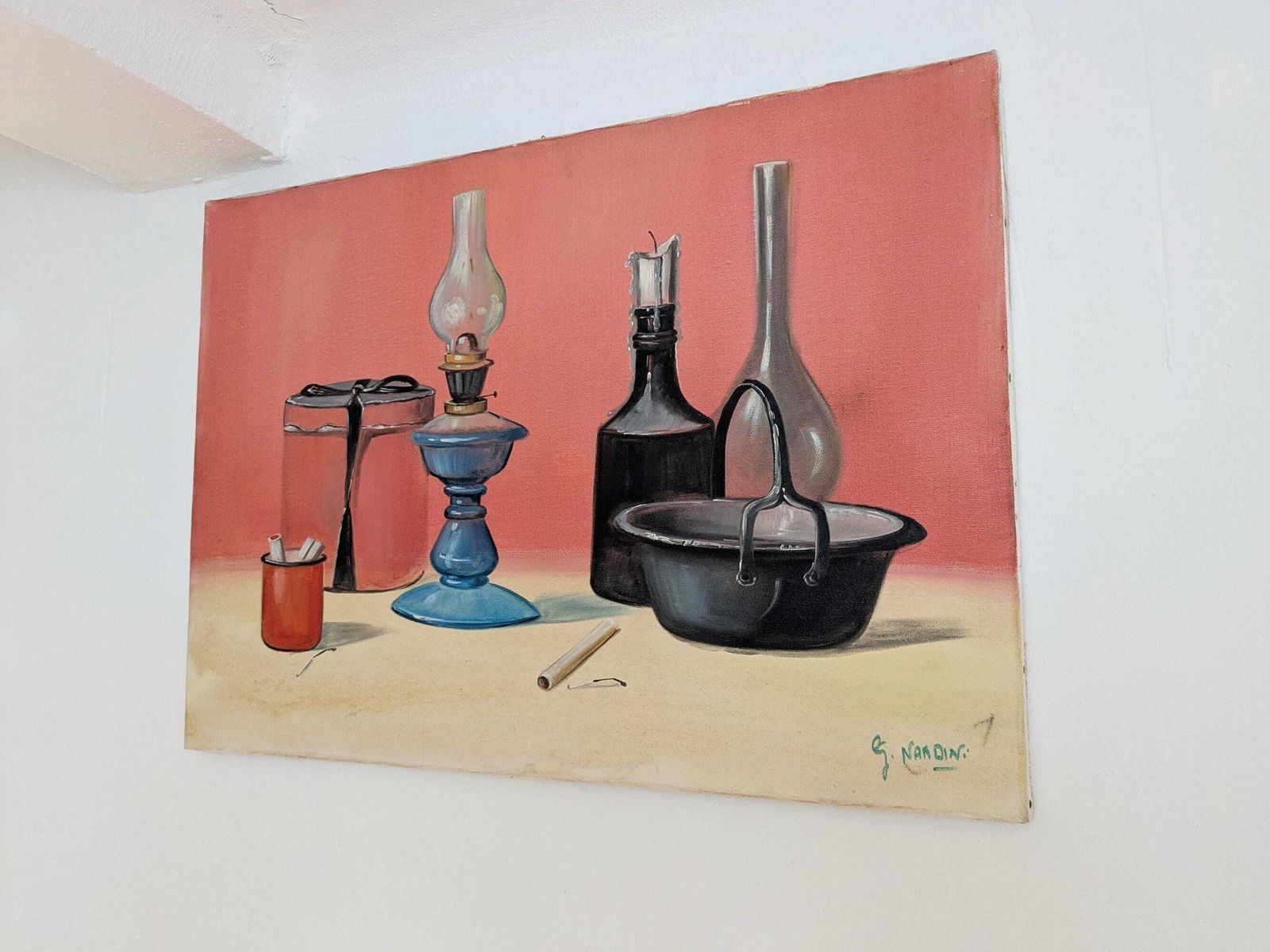 Still Life With Lamp, Oil Painting On Canvas, Italian Painting, Oil Painting Kitchen Scene photo furniture