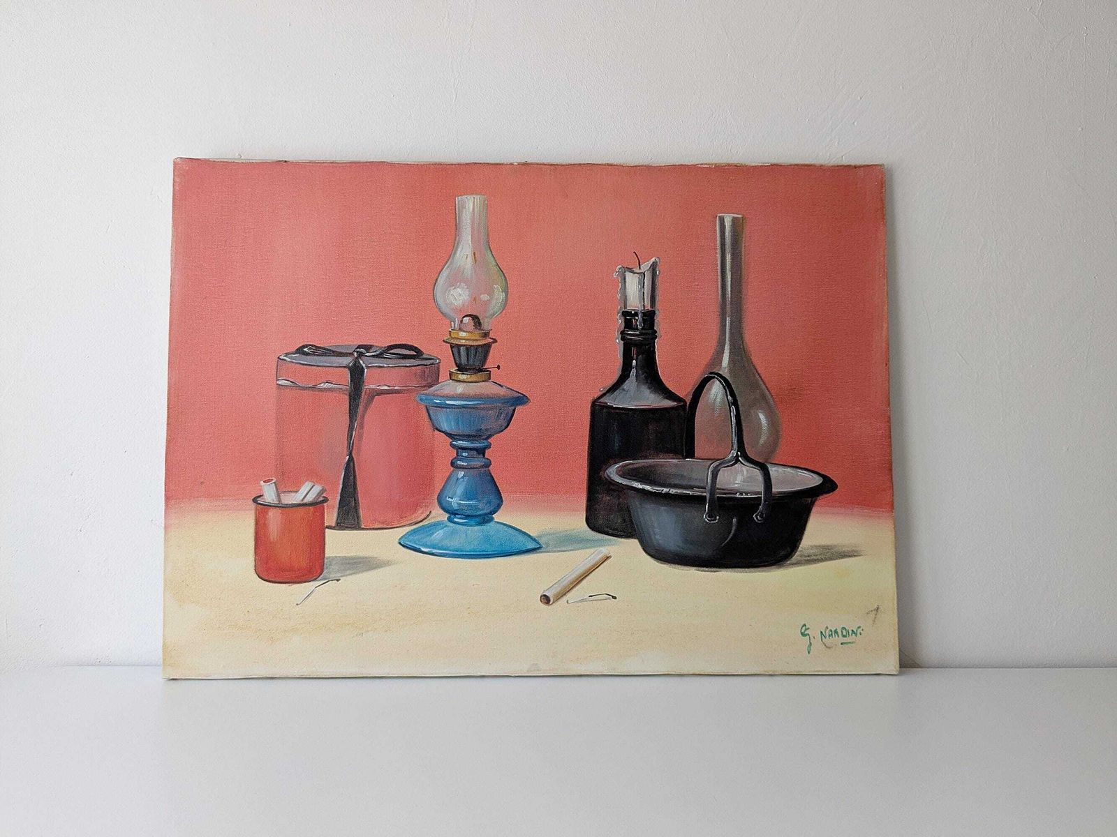 Still Life With Lamp, Oil Painting On Canvas, Italian Painting, Oil Painting Kitchen Scene photo Art