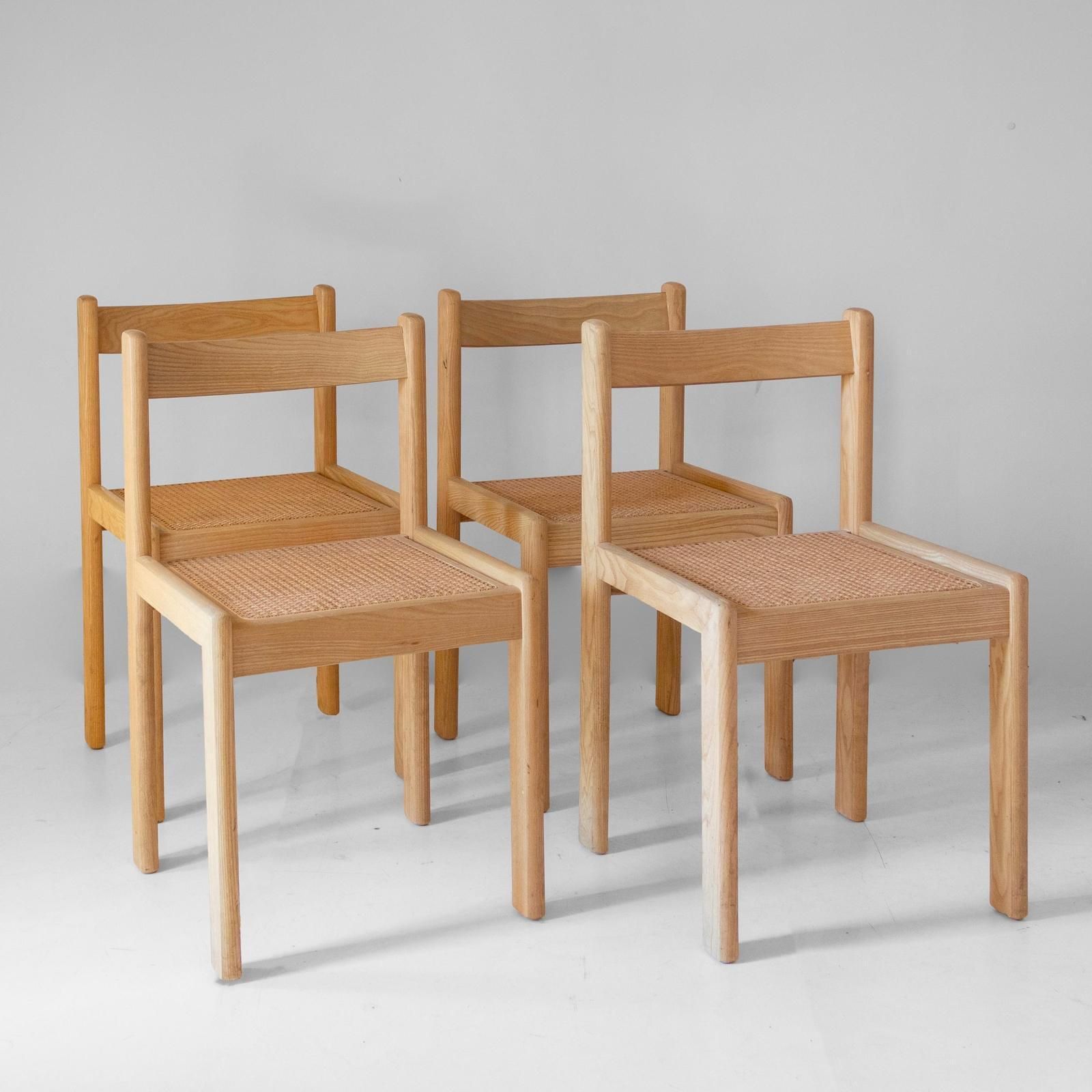 Set Of Four Italian Oak Dining Chairs With Vienna Straw Seats, 1970s photo furniture