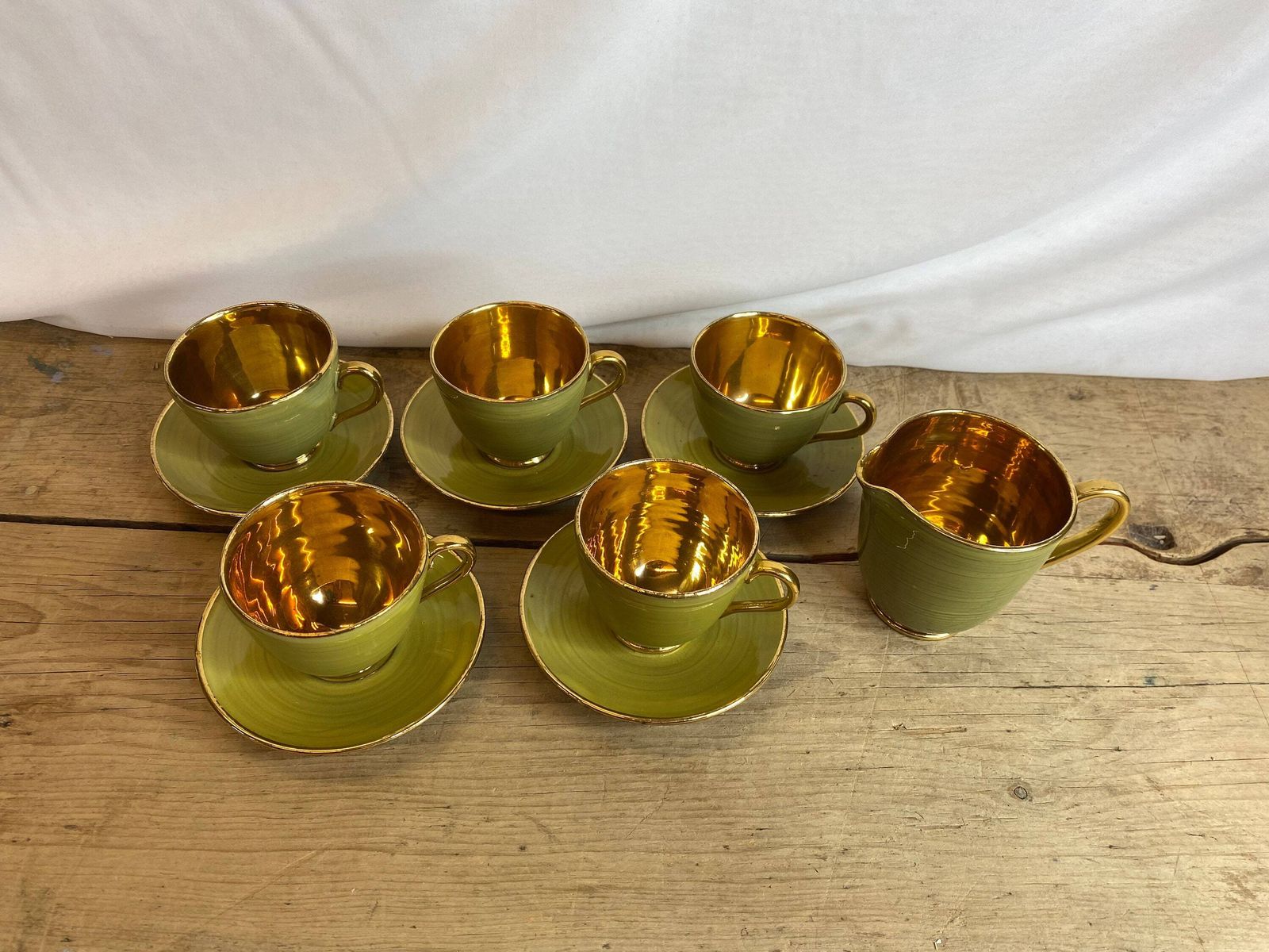 Vintage 11 Piece Studio Pottery Coffee Set 5 Green And Gold Terracotta Coffee Cans / Espresso Cups And Saucers And Milk Jug Good Condition photo furniture