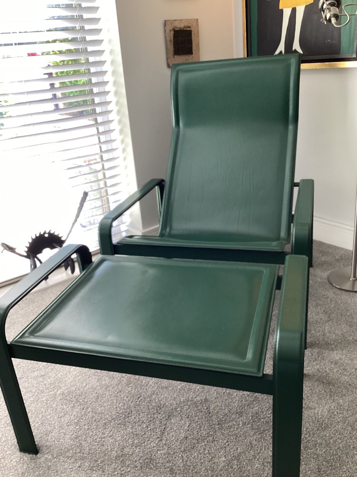 Postmodern Lounge Chair And Footstool In Green Leather By Jacques Toussaint And Patrizia Angeloni For Matteo Grassi