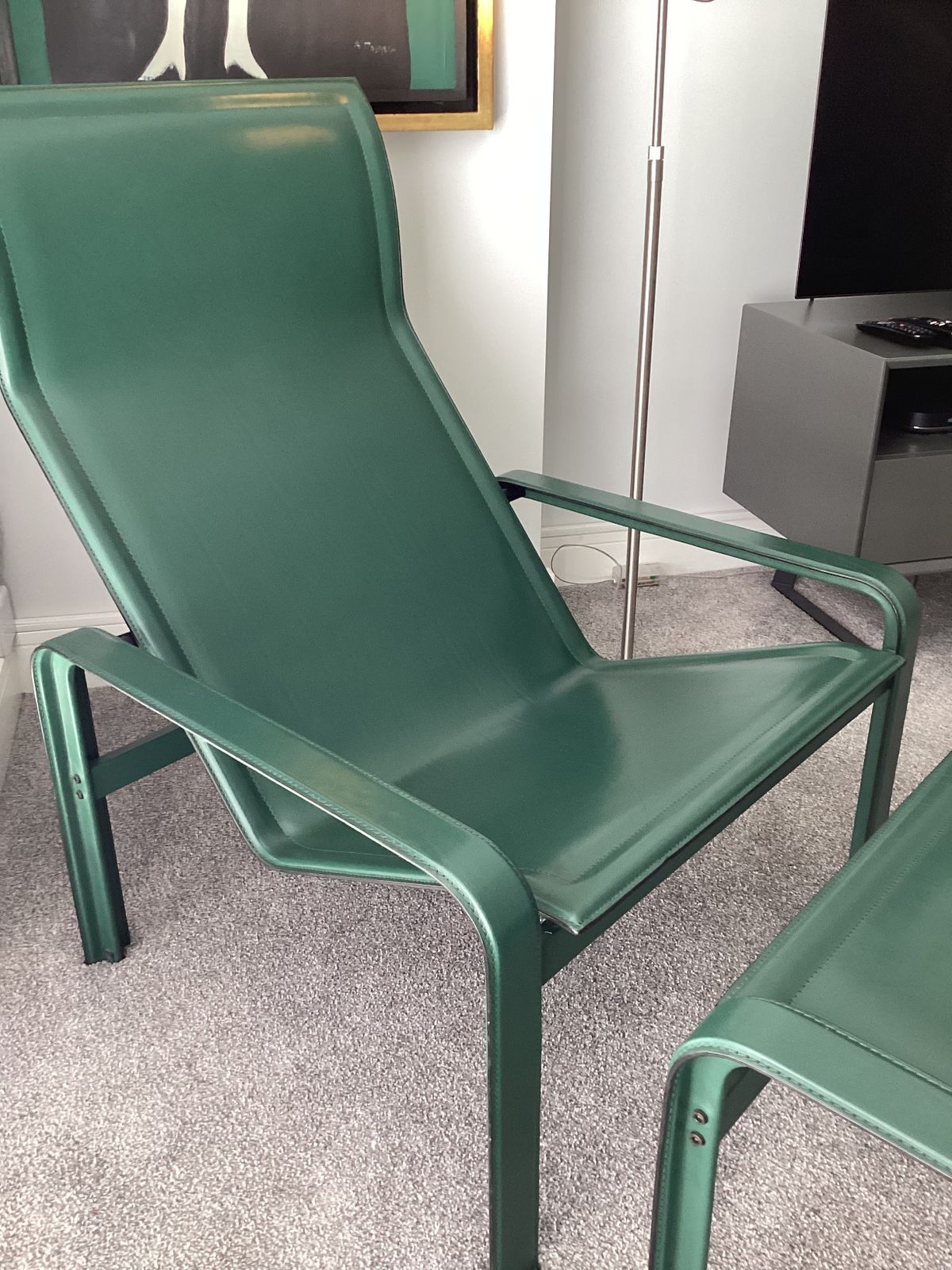 Postmodern Lounge Chair And Footstool In Green Leather By Jacques Toussaint And Patrizia Angeloni For Matteo Grassi photo Furniture