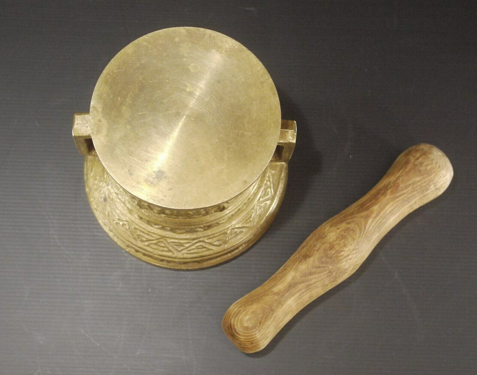 photo furniture Antique Bronze Mortar And Wood Pestle "Verwint Linck Anno 1590"