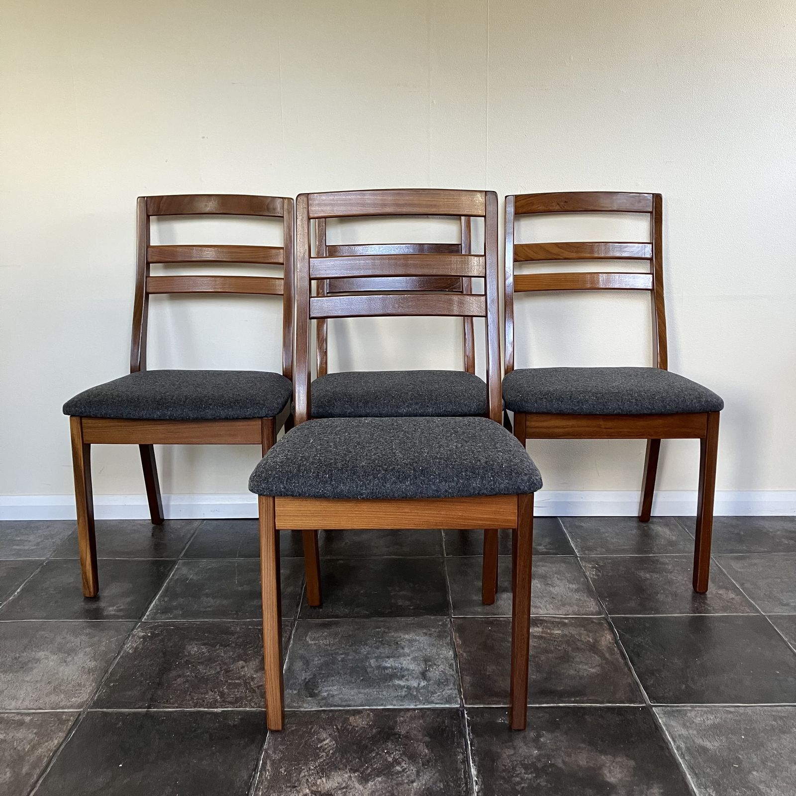 Mid Century Ladder Back Teak Dining Chairs By Nathan: Reupholstered Anthracite Grey Wool, Scandi Design, Set Of 4 photo vinterior