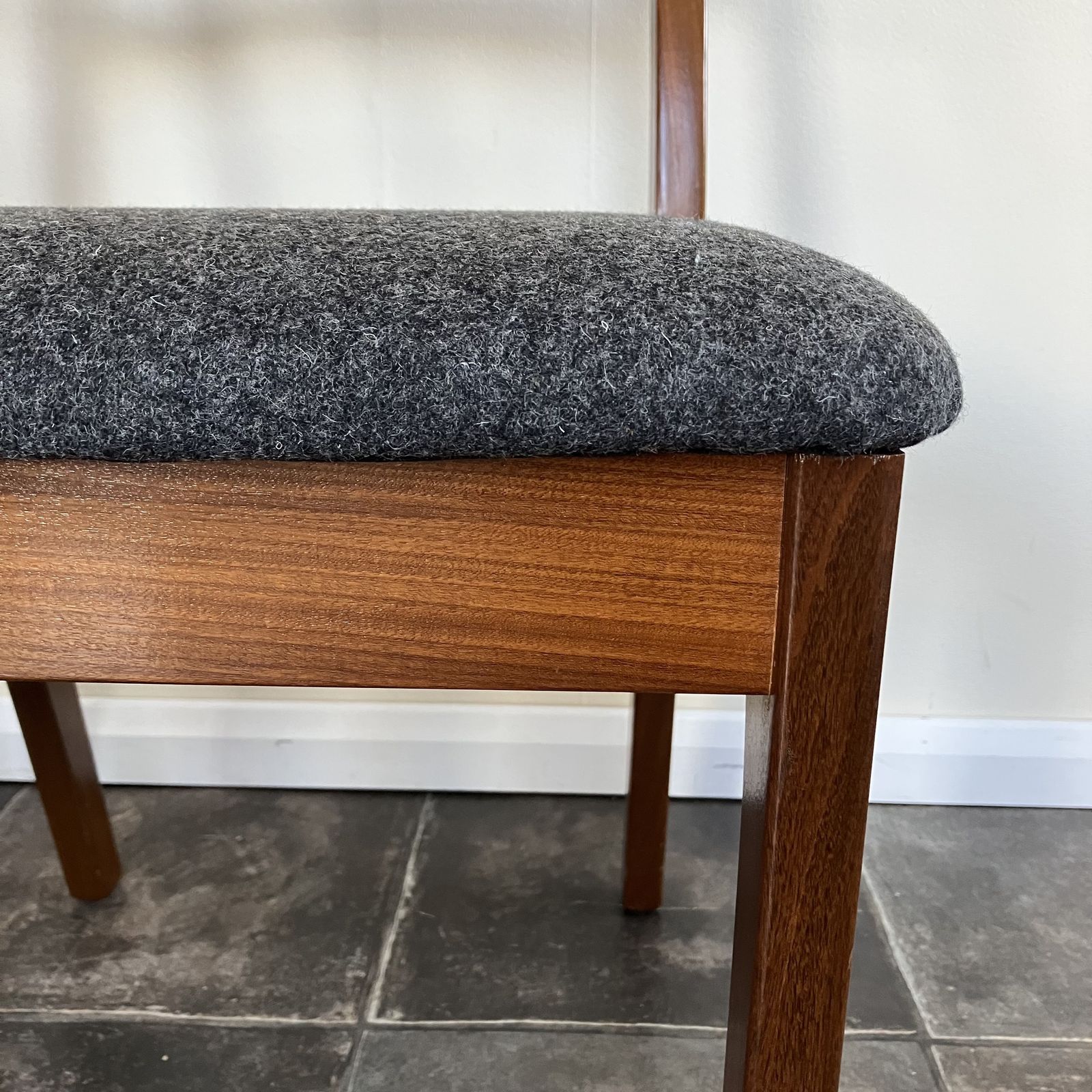 Mid Century Ladder Back Teak Dining Chairs By Nathan: Reupholstered Anthracite Grey Wool, Scandi Design, Set Of 4 photo vintage