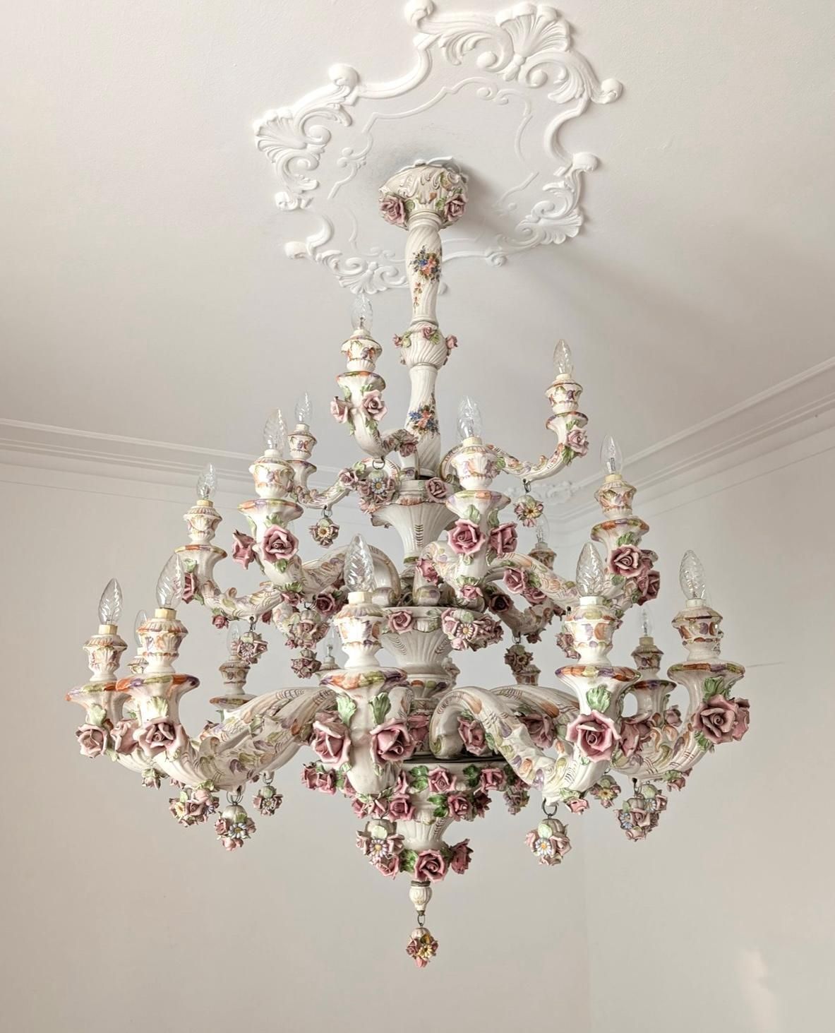 Rare Large 3 Tier Italian Porcelain Chandelier 1950s 24 Lights Capodimonte Style photo for sale