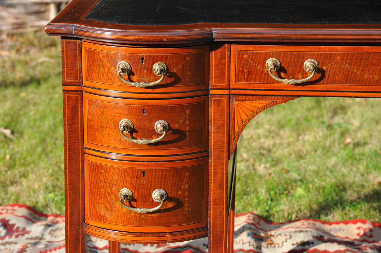 Maple & Co Antique Seven Drawer Twin Pedestal Leather Lined Inlaid Writing Desk photo vinterior