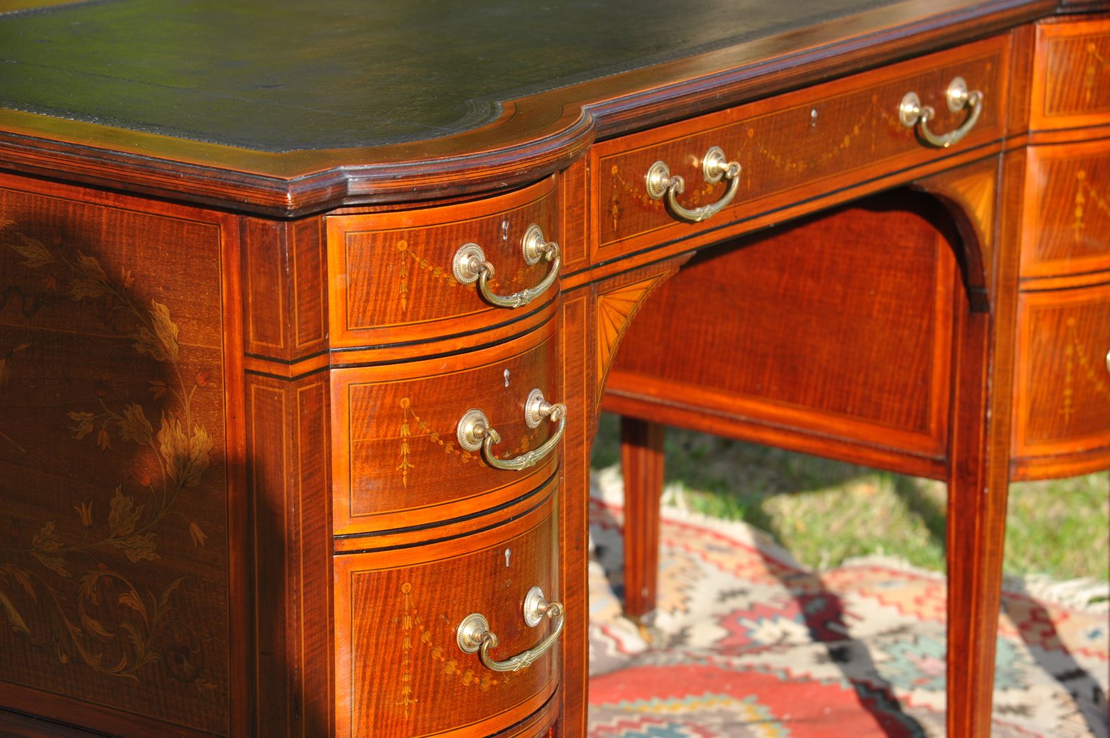 Maple & Co Antique Seven Drawer Twin Pedestal Leather Lined Inlaid Writing Desk photo vintage