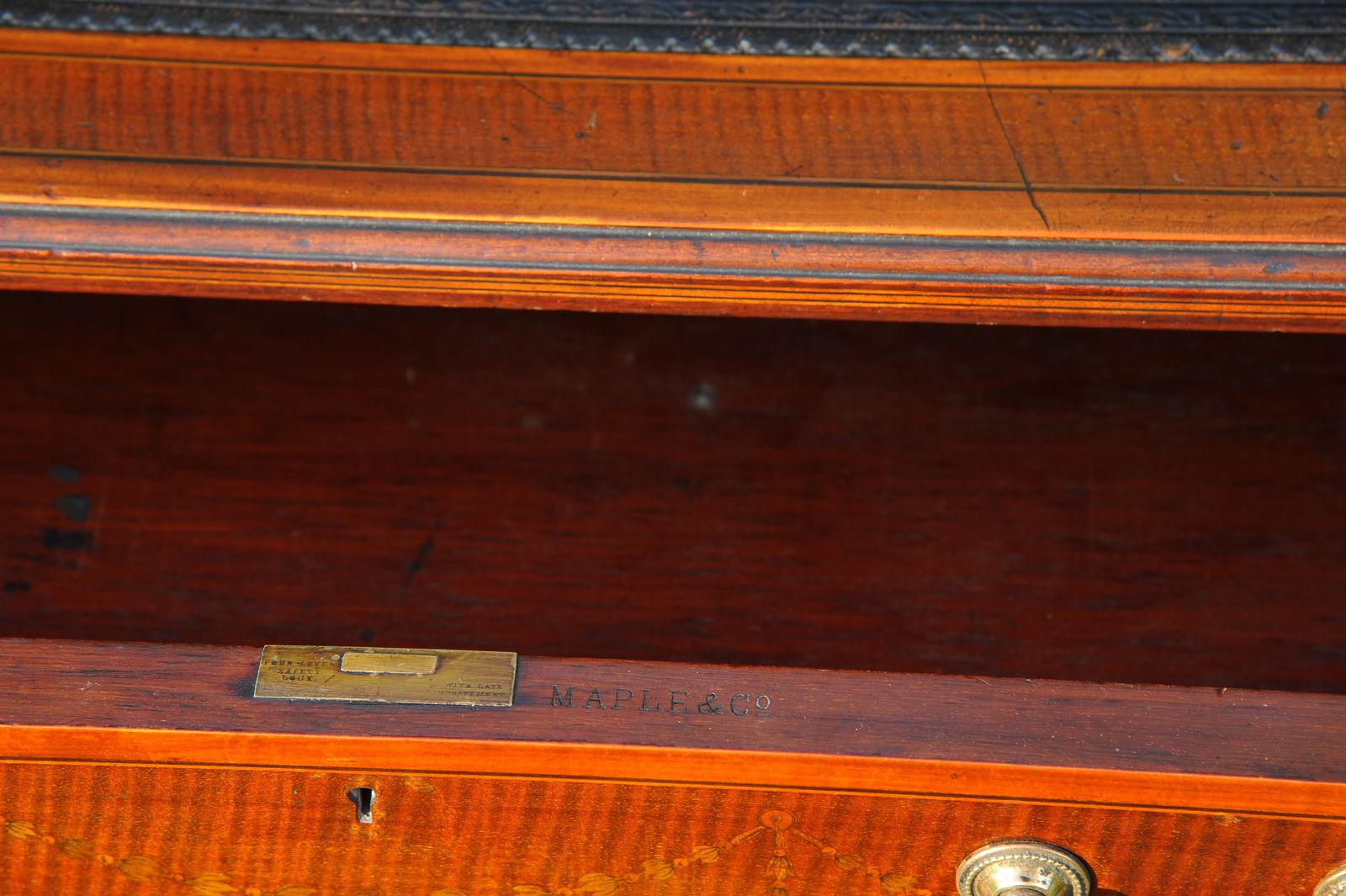 photo buy Maple & Co Antique Seven Drawer Twin Pedestal Leather Lined Inlaid Writing Desk
