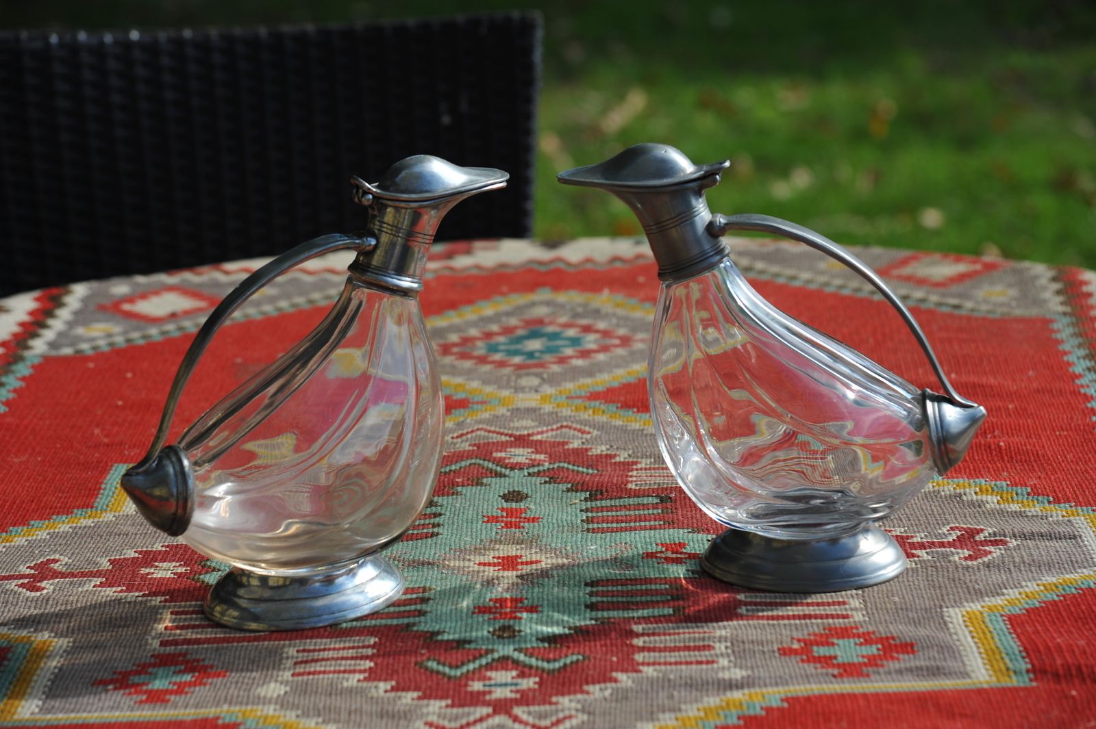 A Pair Of Vintage Italian Glass And Pewter Stylised Duck Decanters