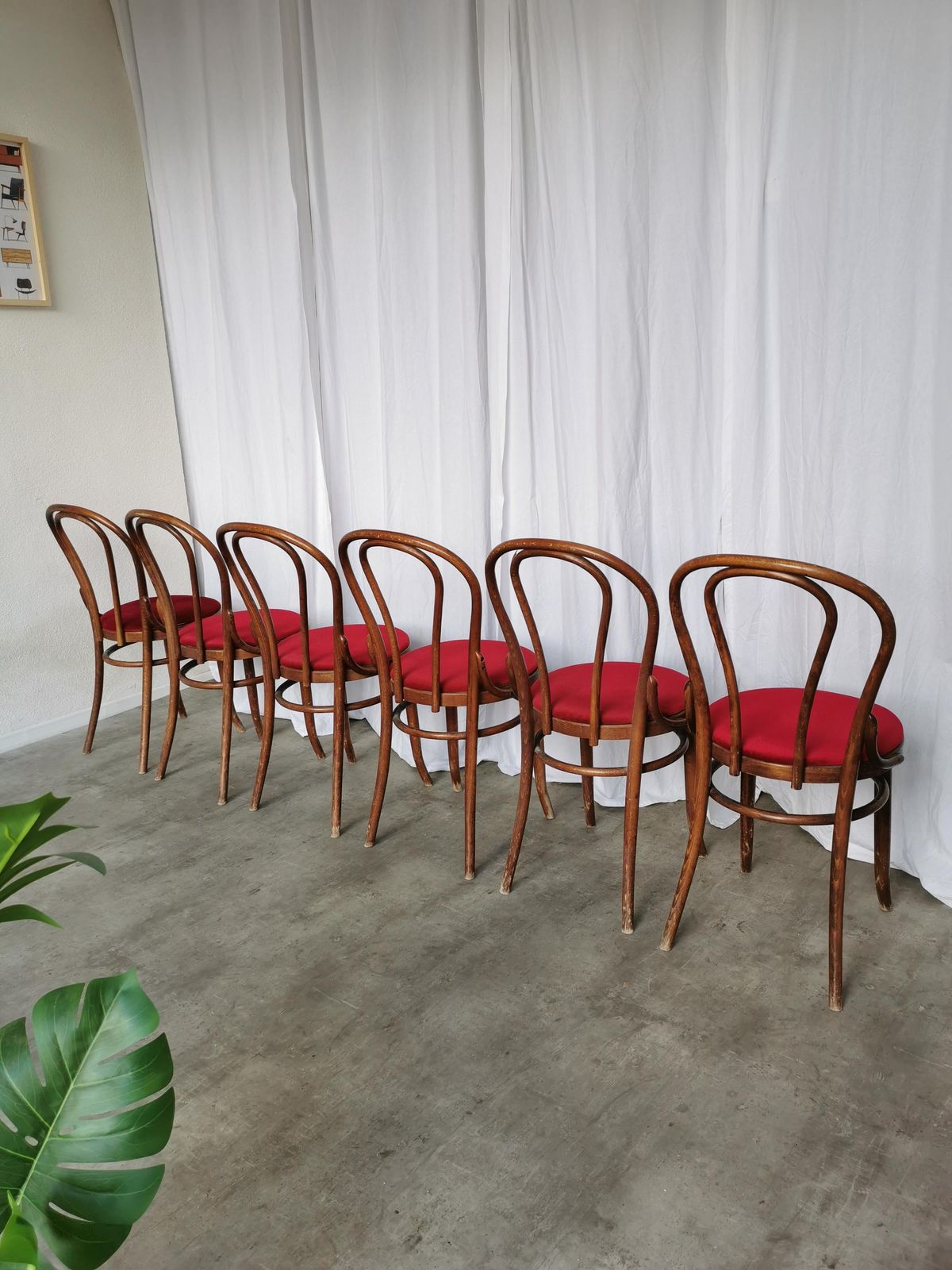 Vintage Bentwood Dining Chairs Set: 1970s Thonet Style, Red Upholstery photo for sale